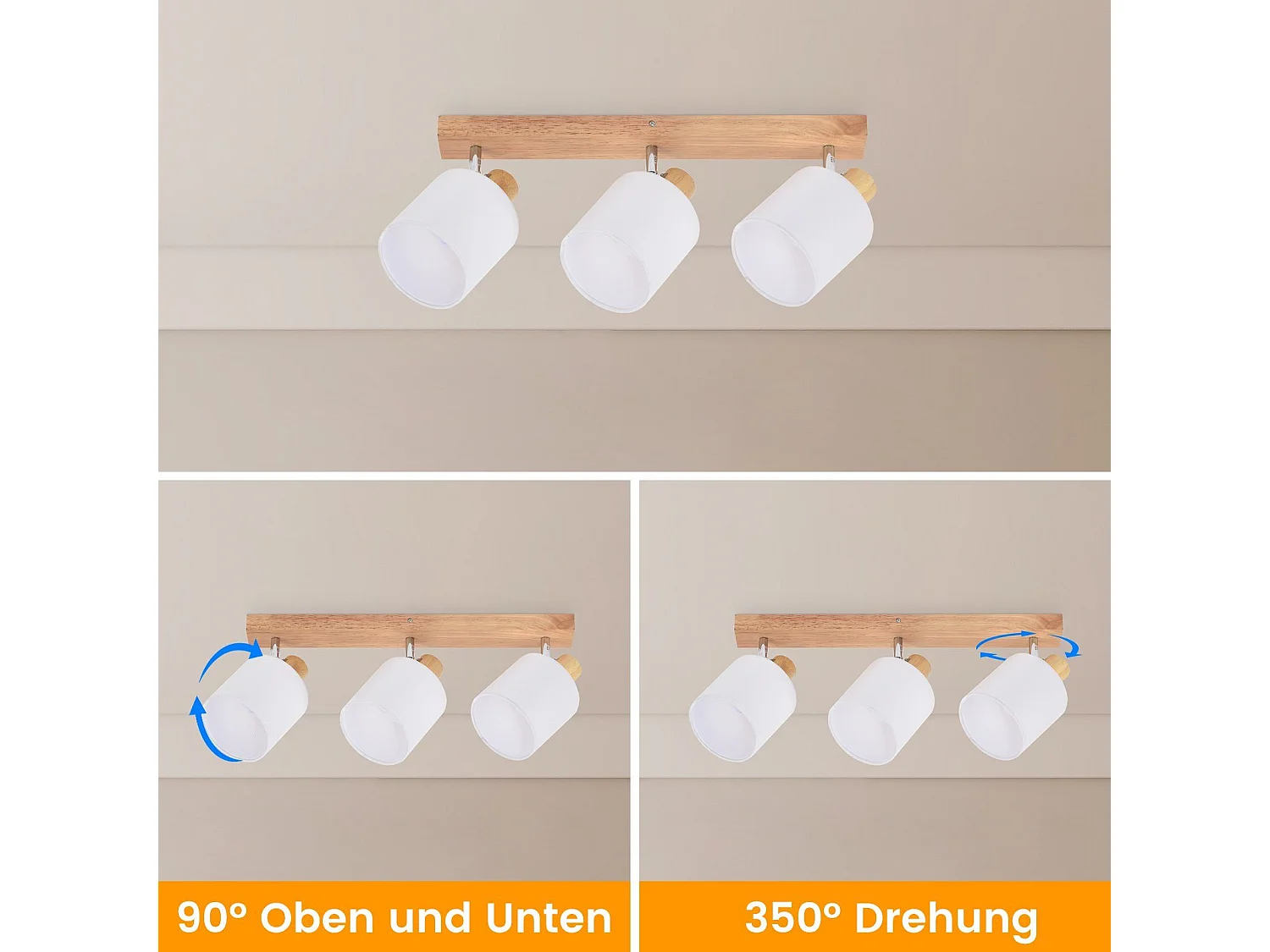 NETTLIFE 3 moderne Deckenstrahler aus Holz, 350° drehbar, E14 MAX.25W, Wandlampe für Wohnzimmer, Schlafzimmer, Küche (ohne Glühbirne)