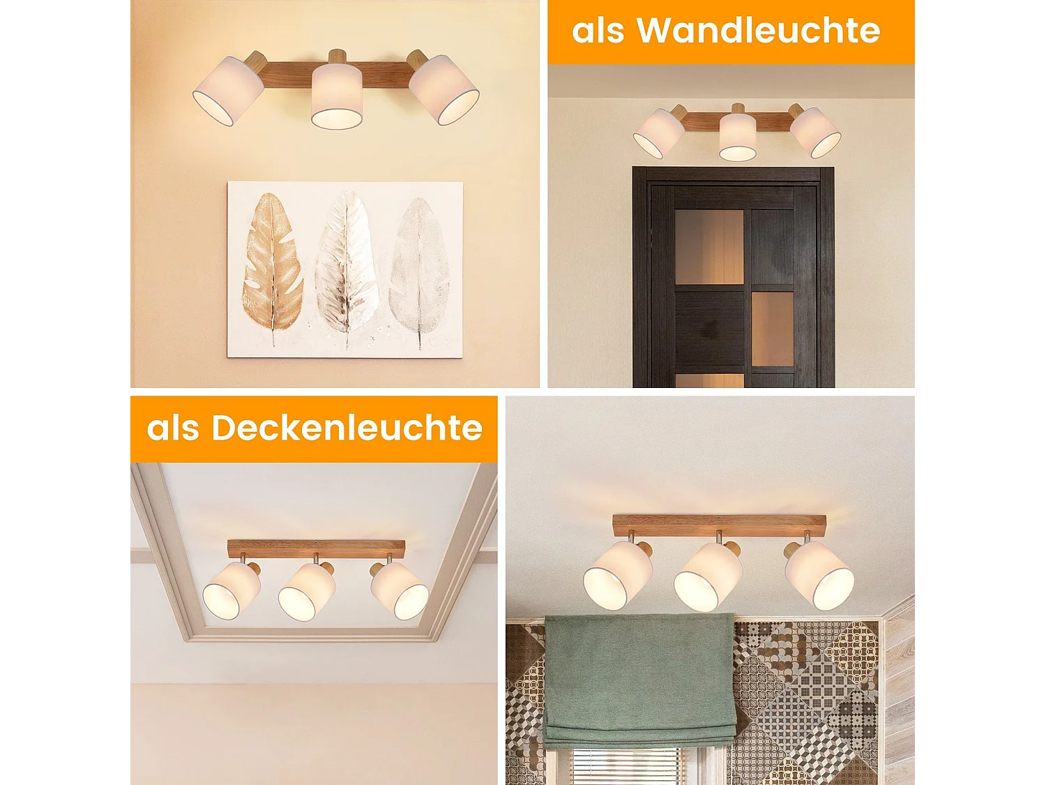 NETTLIFE 3 moderne Deckenstrahler aus Holz, 350° drehbar, E14 MAX.25W, Wandlampe für Wohnzimmer, Schlafzimmer, Küche (ohne Glühbirne)