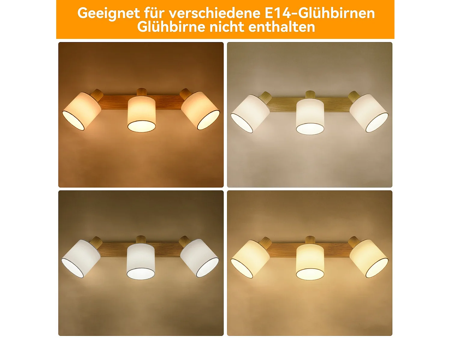 NETTLIFE 3 moderne Deckenstrahler aus Holz, 350° drehbar, E14 MAX.25W, Wandlampe für Wohnzimmer, Schlafzimmer, Küche (ohne Glühbirne)