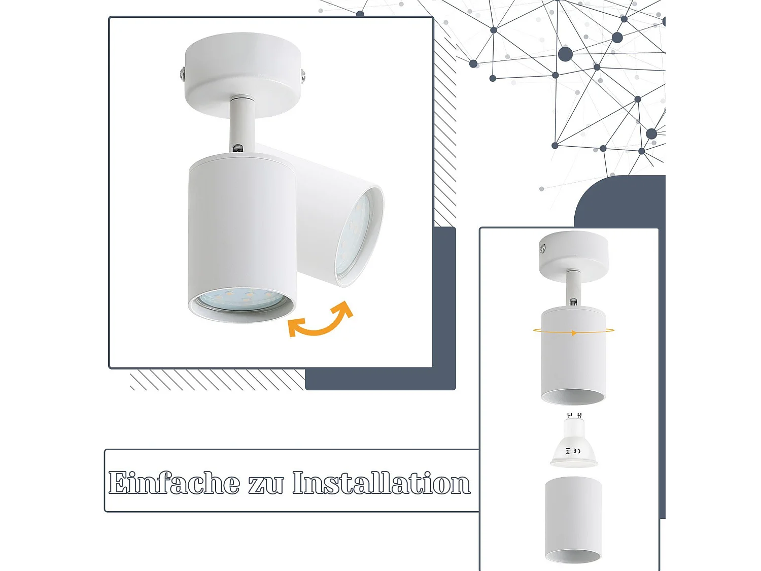 Nettlife Spot LED Blanc GU10 Pivotant 330°Orientable Lampe de Couloir Moderne Spot Mural Industriel pour Salon Chambre Cuisine – Source de lumière remplaçable