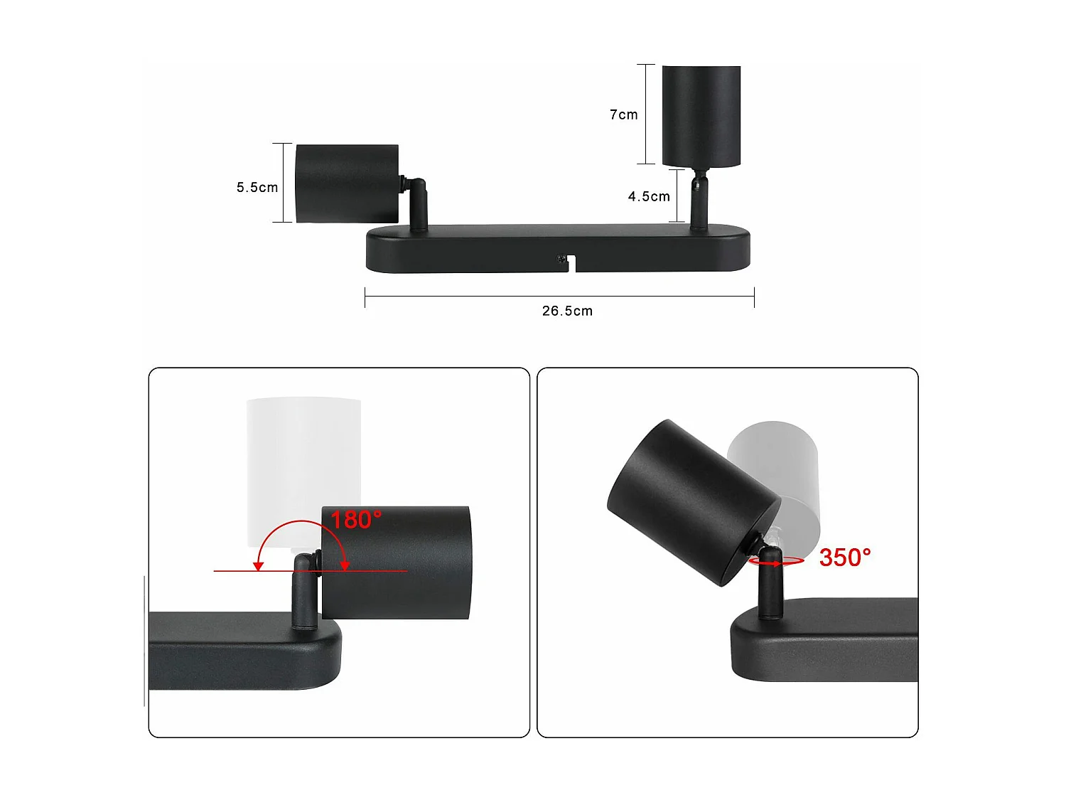 NETTLIFE 2 Spots Plafonnier noir métal orientables à 330°design GU10 pour salon couloir cage d'escalier cuisine (ampoules non incluses)