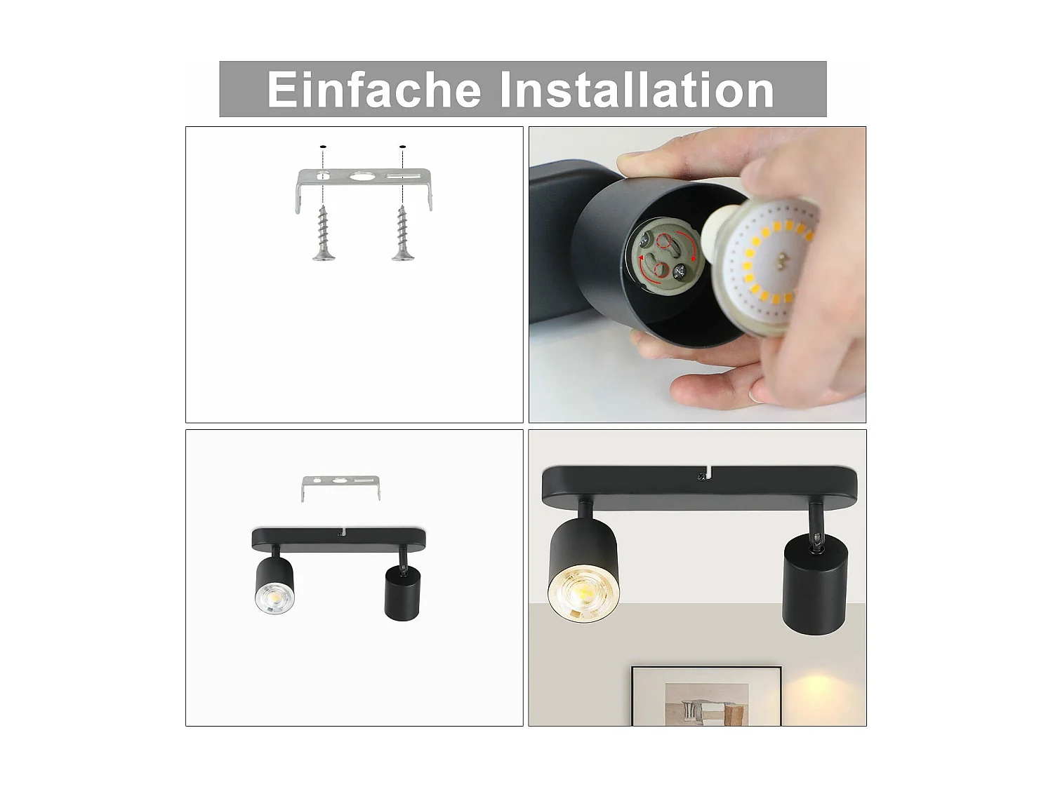 NETTLIFE 2 Spots Plafonnier noir métal orientables à 330°design GU10 pour salon couloir cage d'escalier cuisine (ampoules non incluses)