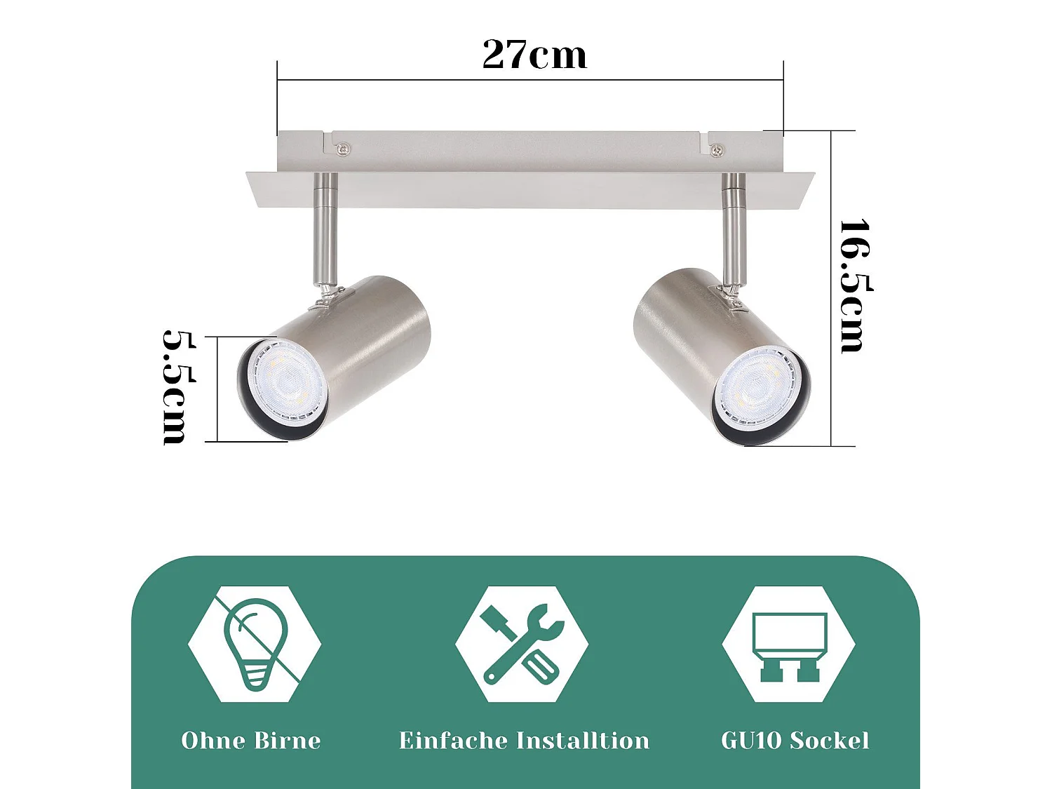 NETTLIFE Opbouwspot rechthoekig nikkel 2-lichts GU10 Fitting  330° draaibar Plafondspot L 27cm  Plafondlamp voor Woonkamer Hal Keuken Zonder Lichtborn Max.25W