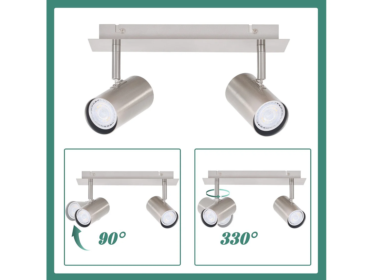 NETTLIFE Opbouwspot rechthoekig nikkel 2-lichts GU10 Fitting  330° draaibar Plafondspot L 27cm  Plafondlamp voor Woonkamer Hal Keuken Zonder Lichtborn Max.25W