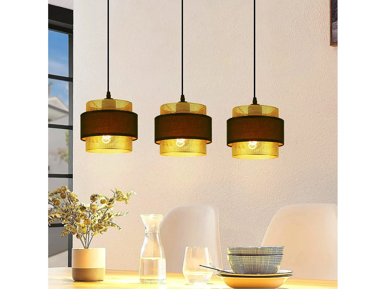 NETTLIFE Suspension Métal Doré Noir Diam.150 cm Max. 25 W E27 Table à Vintage Rétro avec 3 Ampoules Lampe