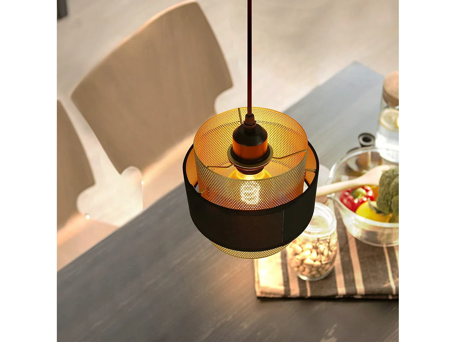 NETTLIFE Suspension Métal Doré Noir Diam.150 cm Max. 25 W E27 Table à Vintage Rétro avec 3 Ampoules Lampe