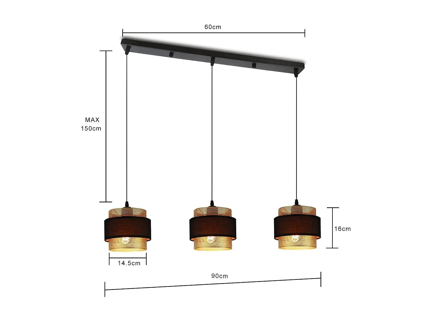 NETTLIFE Suspension Métal Doré Noir Diam.150 cm Max. 25 W E27 Table à Vintage Rétro avec 3 Ampoules Lampe
