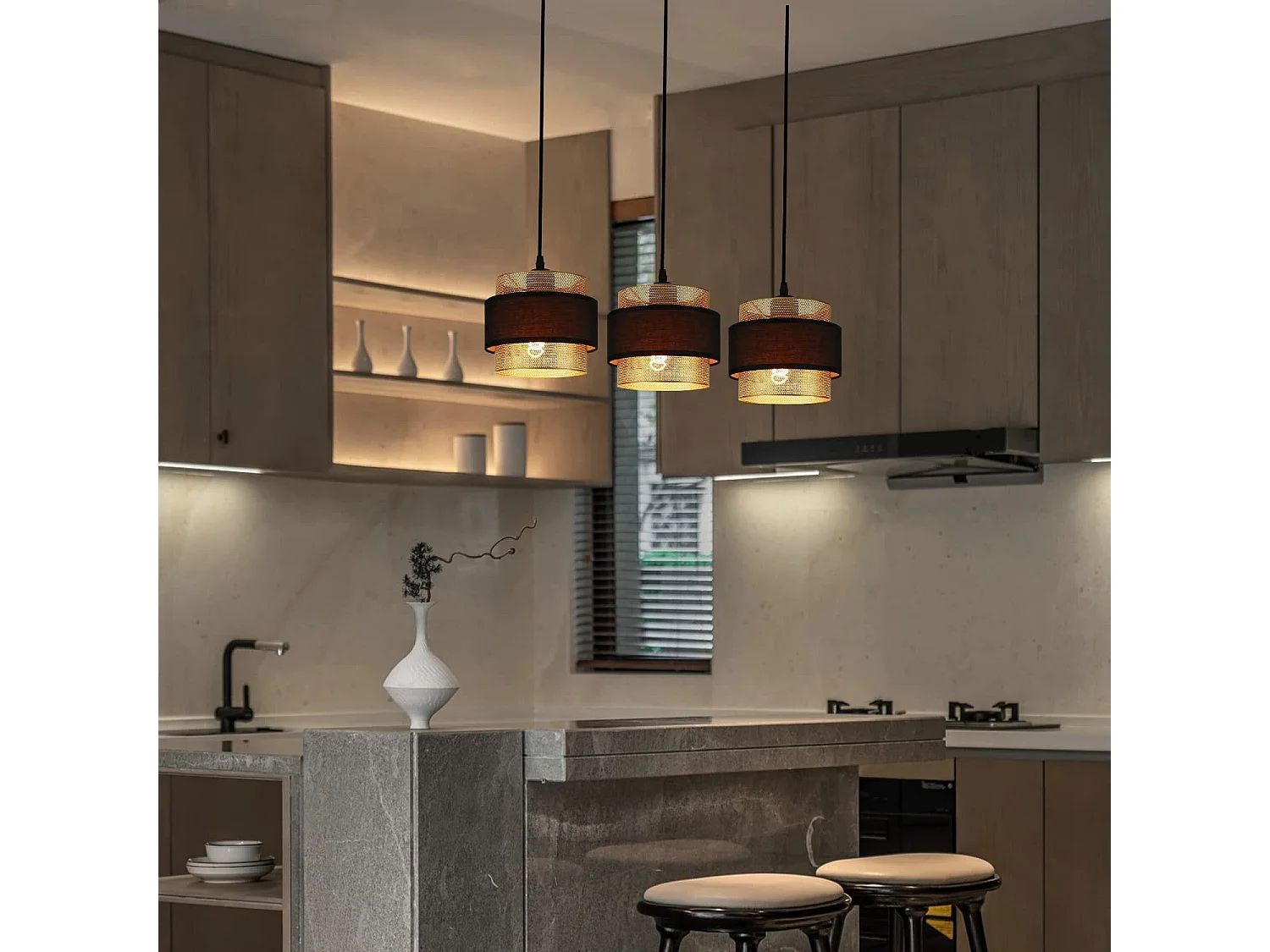 NETTLIFE Suspension Métal Doré Noir Diam.150 cm Max. 25 W E27 Table à Vintage Rétro avec 3 Ampoules Lampe