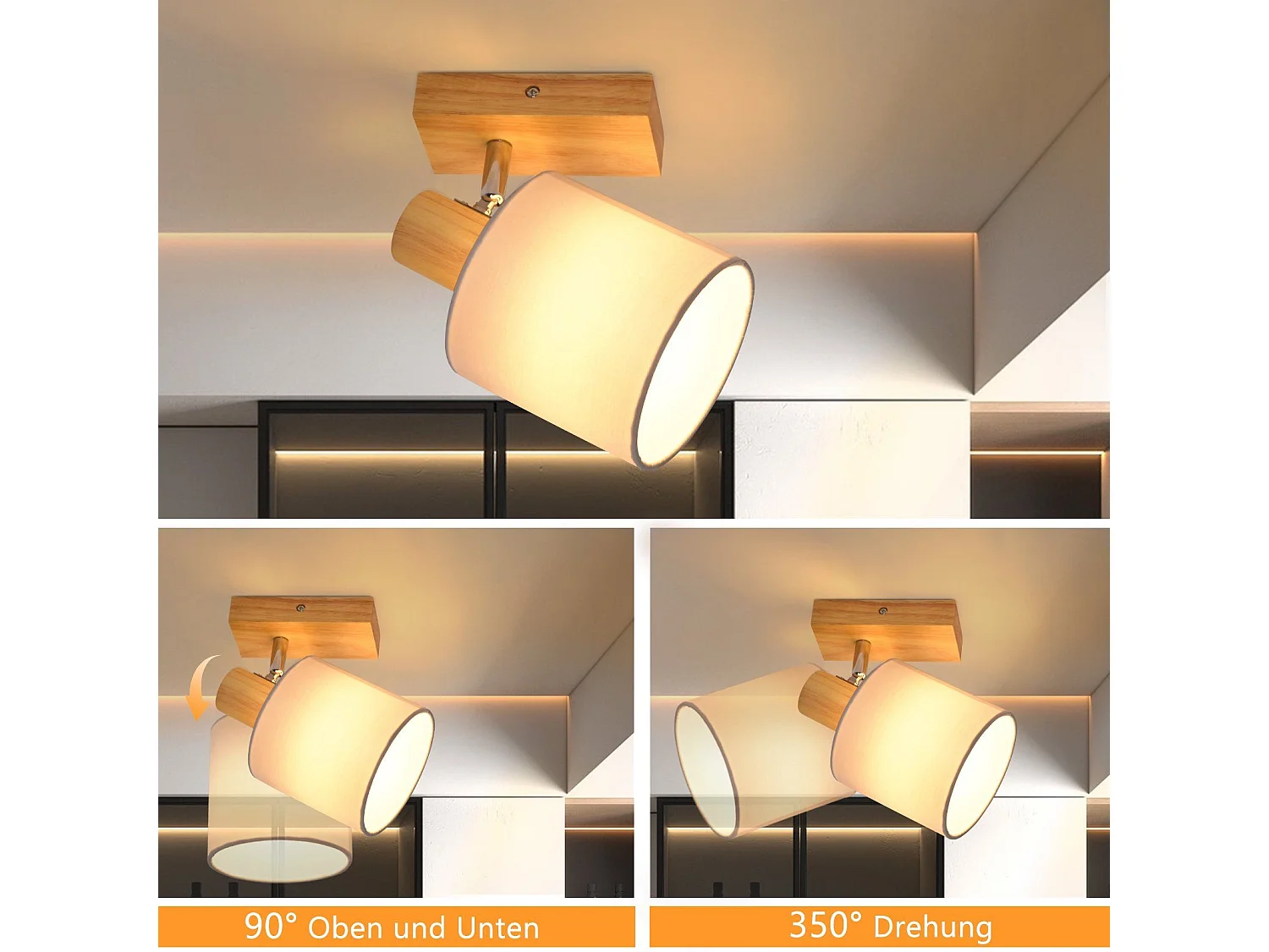 NETTLIFE Moderner Deckenstrahler aus Holz, Wand-/Korridor, 350° drehbar, E14 MAX.40W, für Wohnzimmer, Schlafzimmer, Küche (ohne Glühbirne)