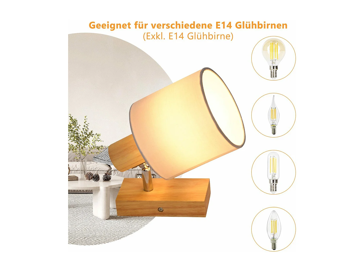 NETTLIFE Moderner Deckenstrahler aus Holz, Wand-/Korridor, 350° drehbar, E14 MAX.40W, für Wohnzimmer, Schlafzimmer, Küche (ohne Glühbirne)