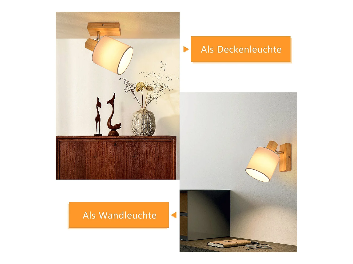 NETTLIFE Spot de Plafond Couloir Mural Moderne en Bois Pivotant à 350° E14 MAX.40W pour Salon Chambre Cuisine (sans Ampoule)