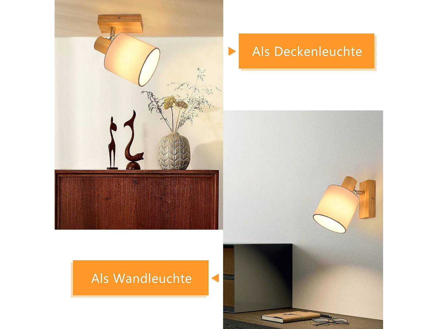 NETTLIFE Spot de Plafond Couloir Mural Moderne en Bois Pivotant à 350° E14 MAX.40W pour Salon Chambre Cuisine (sans Ampoule)