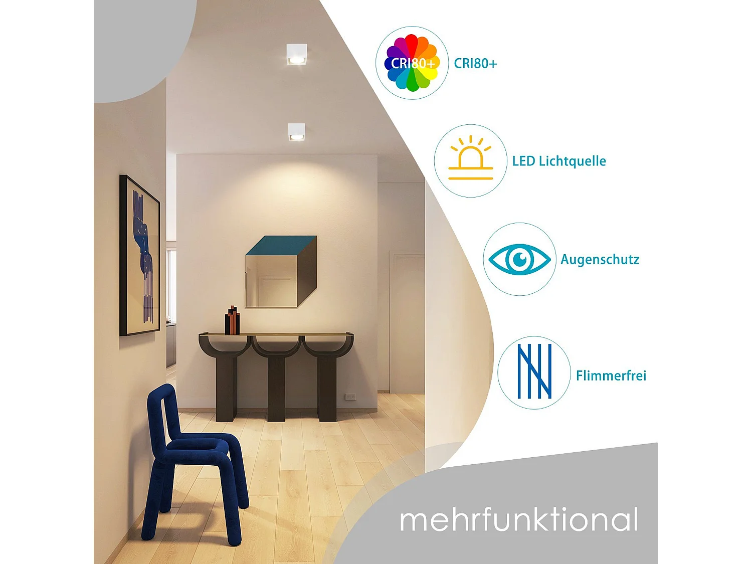 NETTLIFE LED-Deckenleuchte zum Aufbau, warmweiß, quadratisch, GX53, 5 W, flach, verstellbar, für Küche, Wohnzimmer, Esszimmer, Flur
