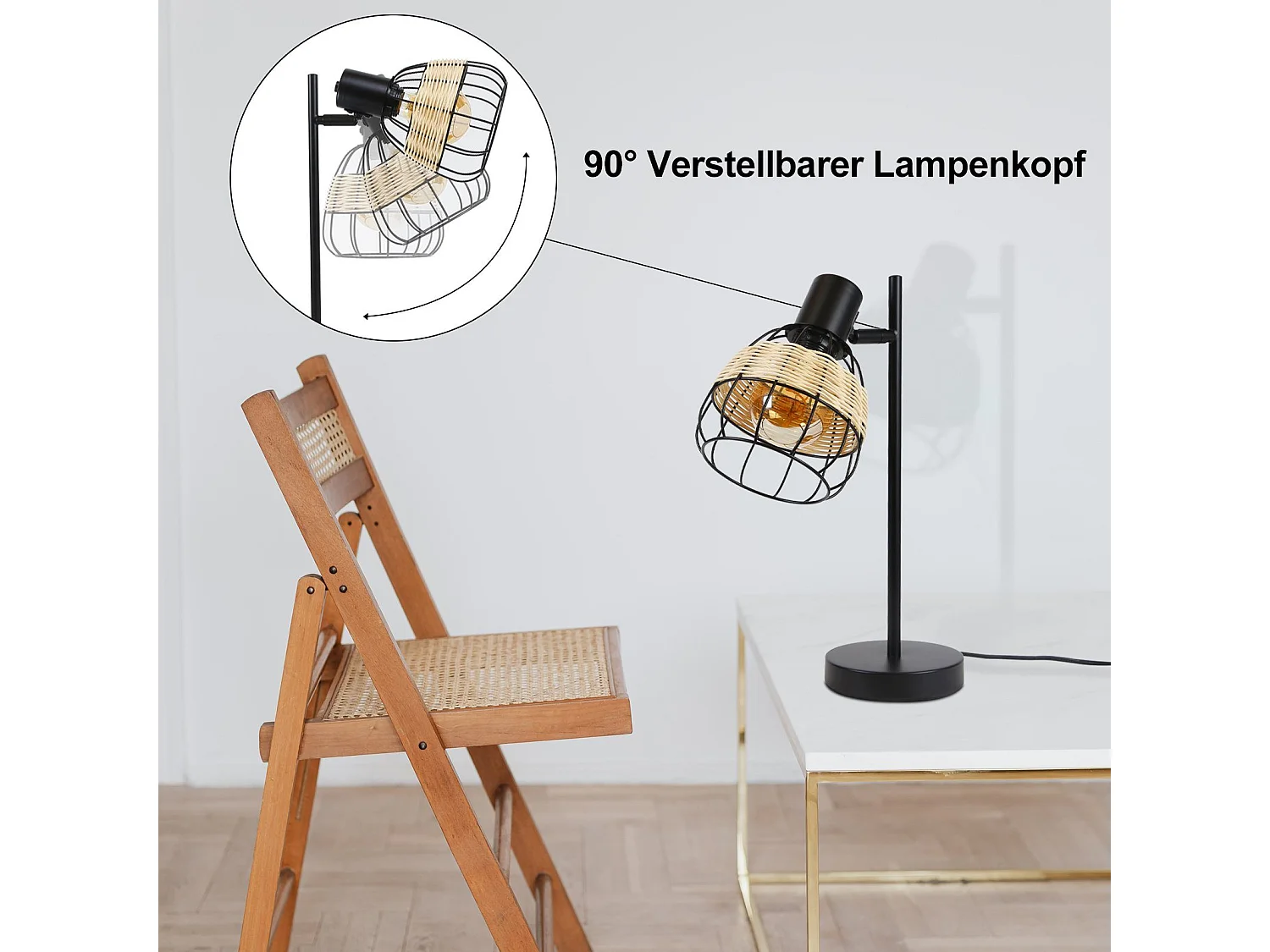 Tischlampe Vintage Tischlampe Wohnzimmer Schwarz E27 Retro Rattan Schwenkbar Max.40w