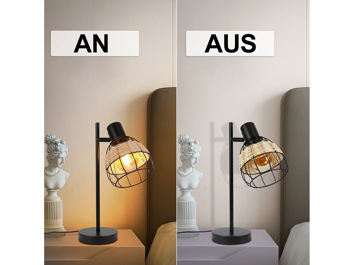 Tischlampe Vintage Tischlampe Wohnzimmer Schwarz E27 Retro Rattan Schwenkbar Max.40w