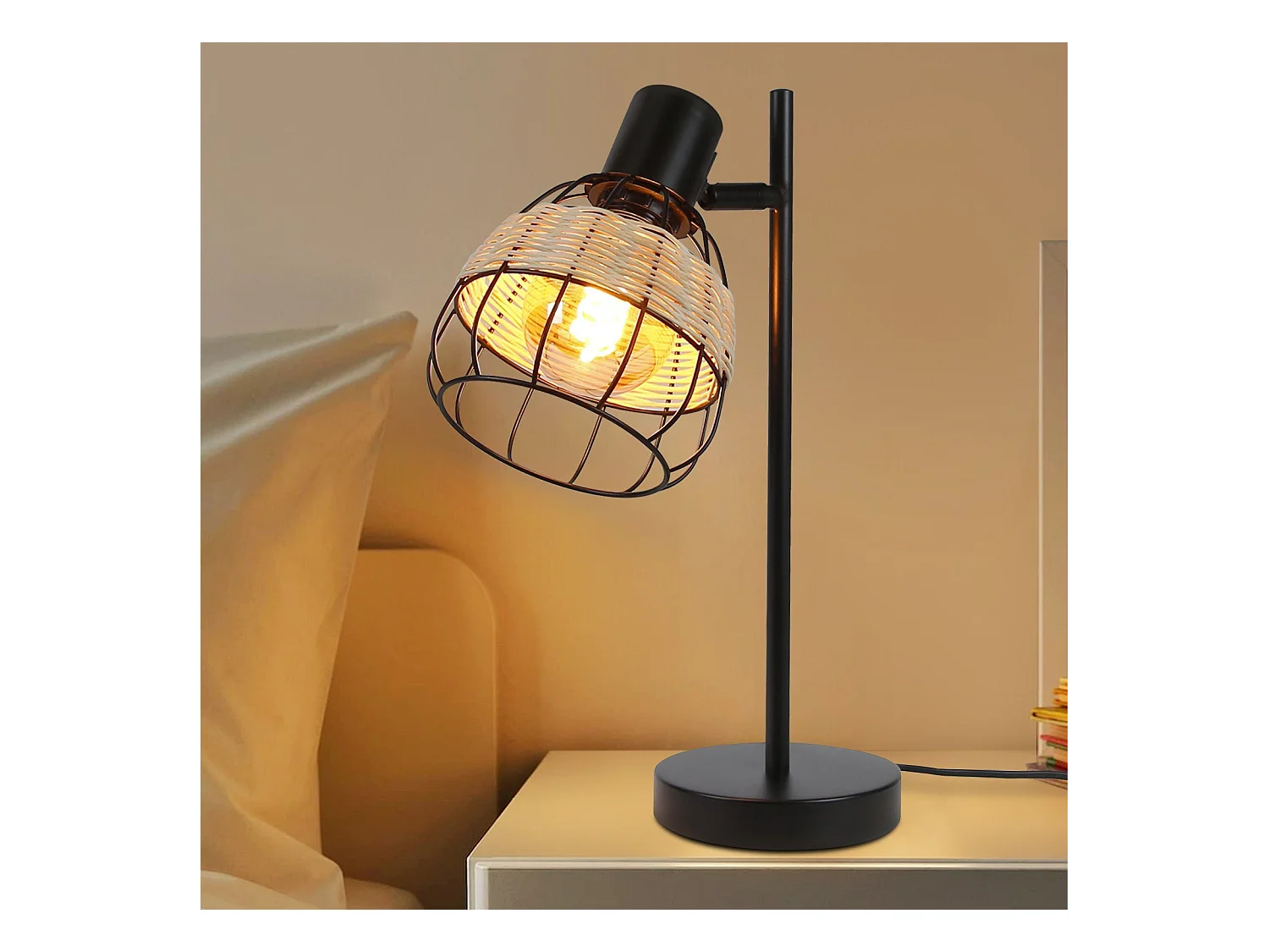 NETTLIFE Lampe de table Vintage Salon Noir - E27Bambou Pivotant Abat-jour avec interrupteur Max.40W  - Sans ampoule