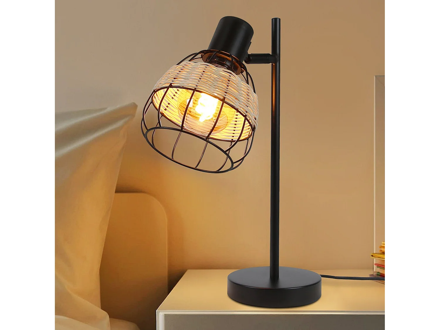 NETTLIFE Vintage czarna lampa stołowa do salonu - E27bambusowy klosz obrotowy z wyłącznikiem maks. 40W - bez żarówki