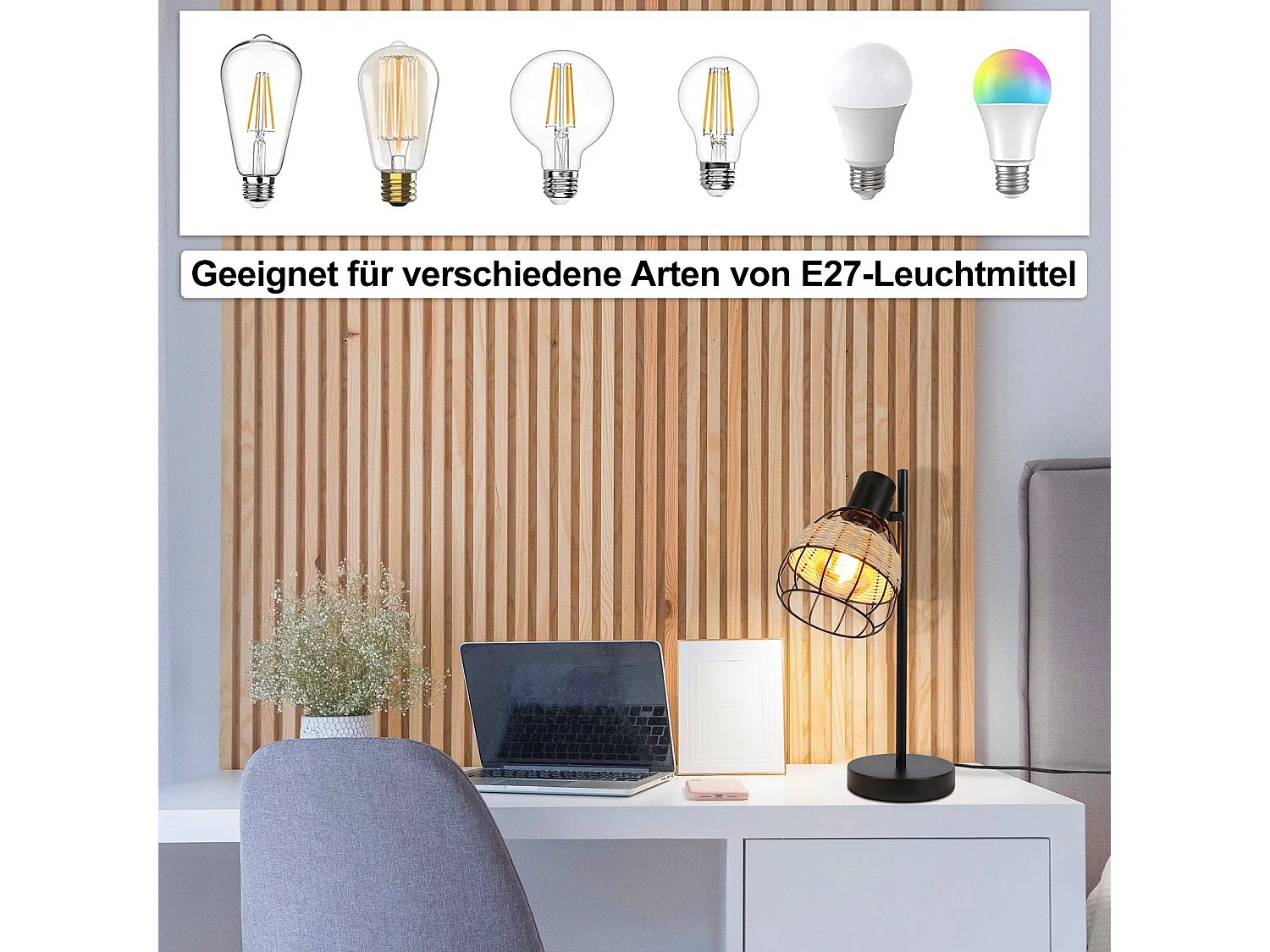 NETTLIFE Vintage czarna lampa stołowa do salonu - E27bambusowy klosz obrotowy z wyłącznikiem maks. 40W - bez żarówki