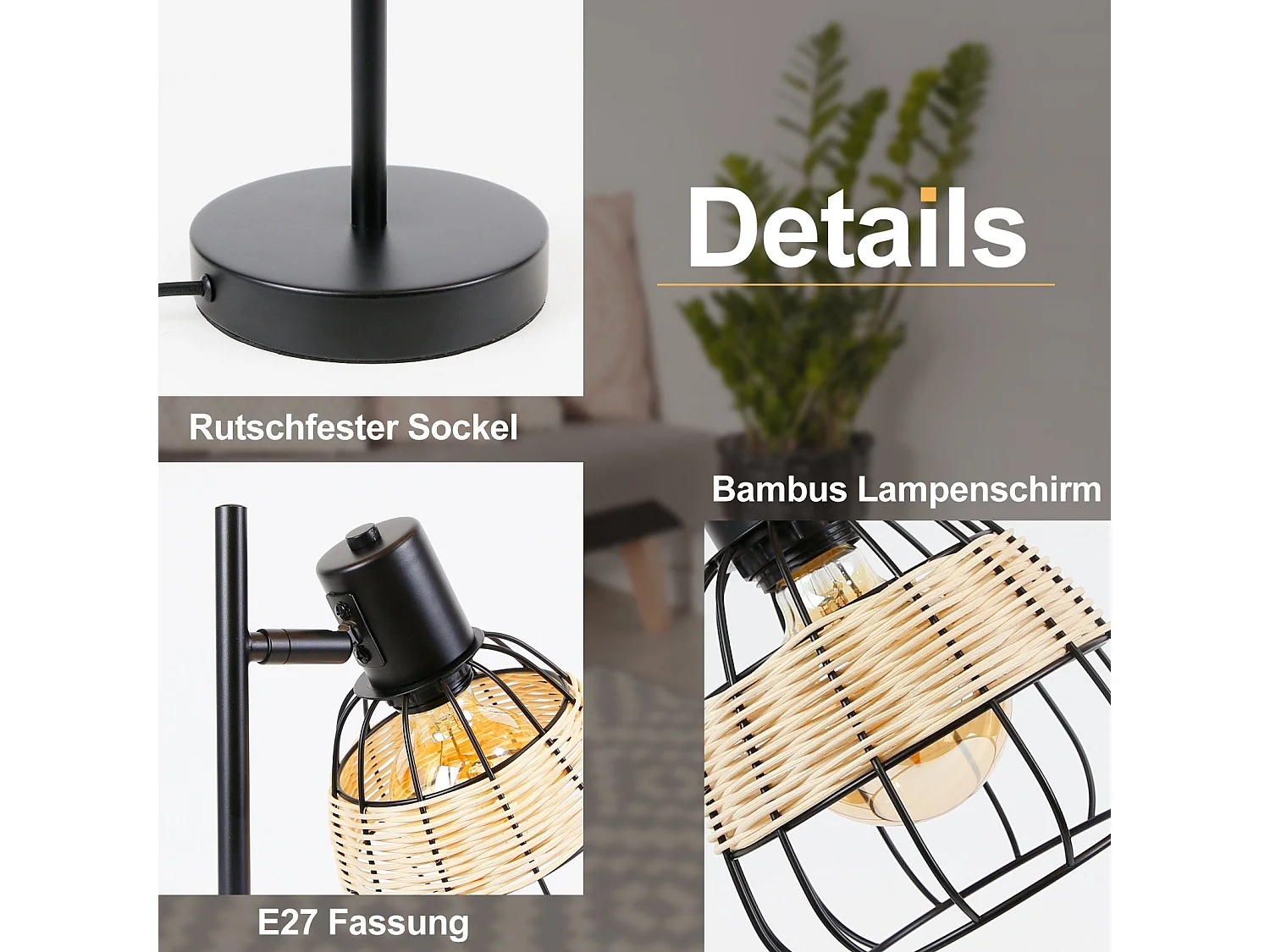 NETTLIFE Vintage czarna lampa stołowa do salonu - E27bambusowy klosz obrotowy z wyłącznikiem maks. 40W - bez żarówki