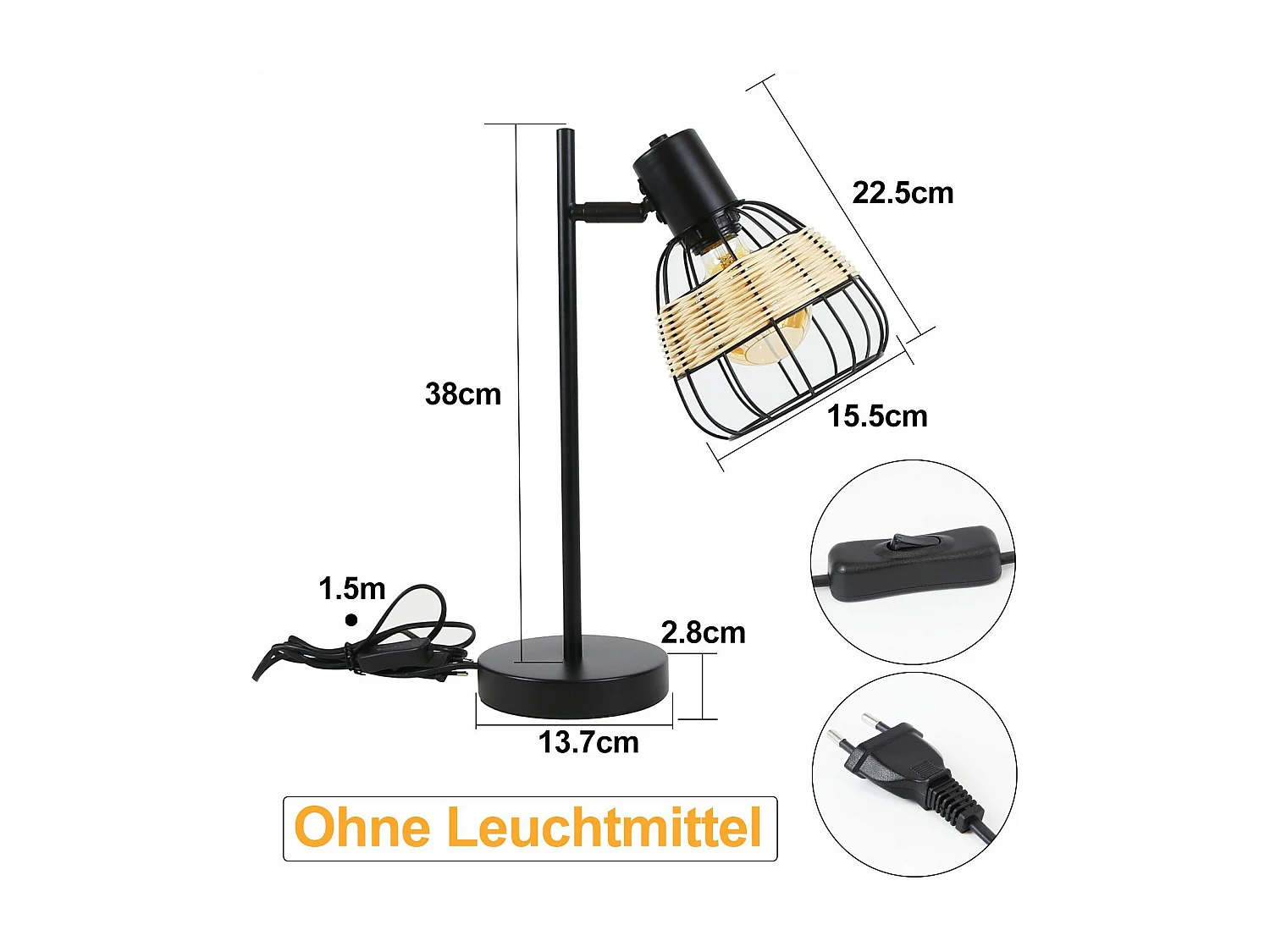 NETTLIFE Vintage czarna lampa stołowa do salonu - E27bambusowy klosz obrotowy z wyłącznikiem maks. 40W - bez żarówki
