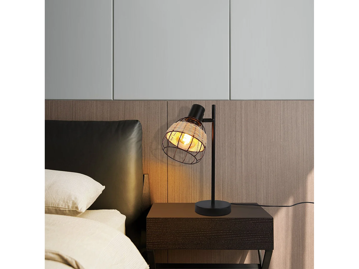 NETTLIFE Vintage czarna lampa stołowa do salonu - E27bambusowy klosz obrotowy z wyłącznikiem maks. 40W - bez żarówki