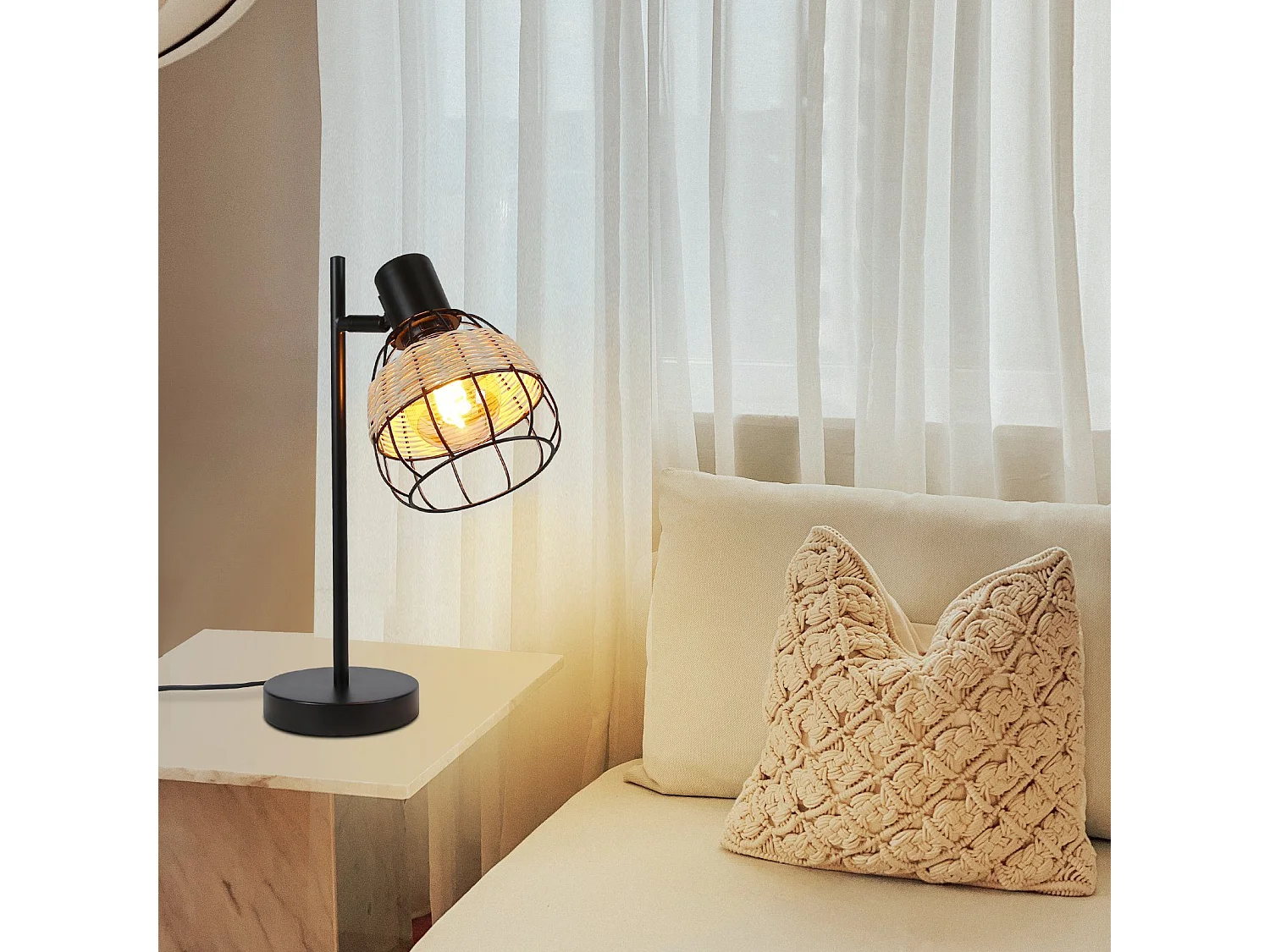 NETTLIFE Lampe de table Vintage Salon Noir - E27Bambou Pivotant Abat-jour avec interrupteur Max.40W  - Sans ampoule