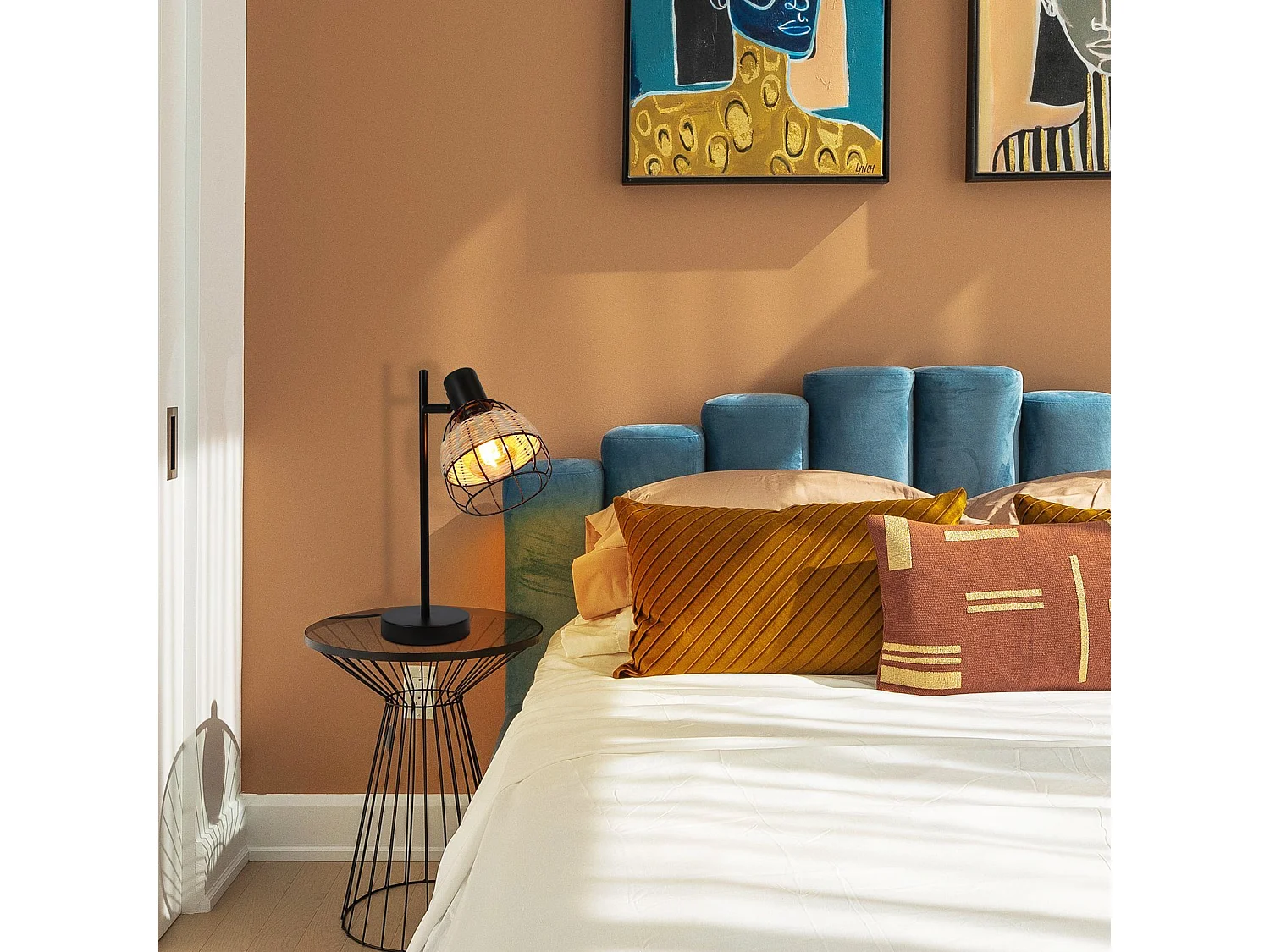 NETTLIFE Lampe de table Vintage Salon Noir - E27Bambou Pivotant Abat-jour avec interrupteur Max.40W  - Sans ampoule