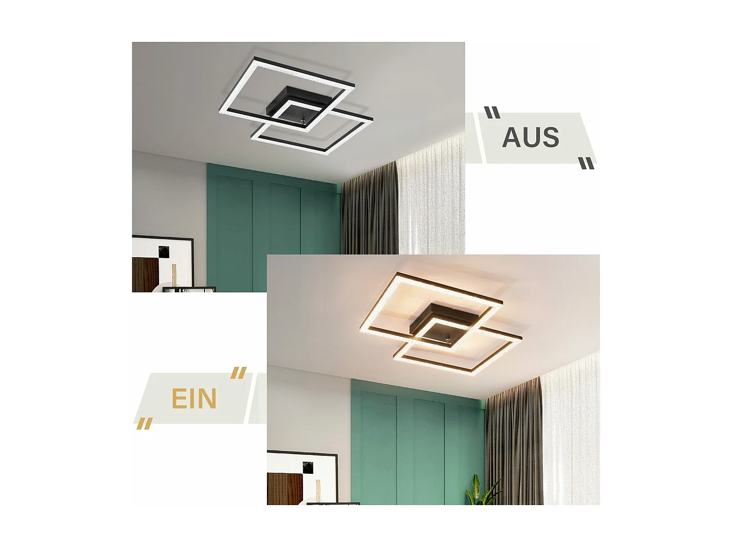 NETTLIFE Plafondlamp LED Kristallen lamp 2-Lichts vierkant 3000K Warm wit Licht Zwart Moderne Plafondverlichting Metaal en PC voor Woonkamer | Slaapkamer 24W