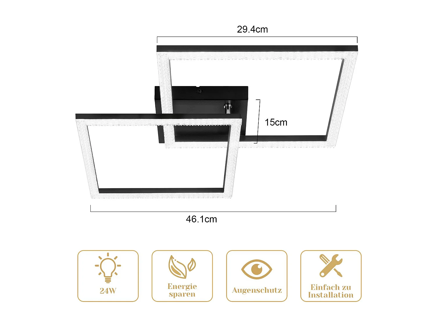 NETTLIFE Plafondlamp LED Kristallen lamp 2-Lichts vierkant 3000K Warm wit Licht Zwart Moderne Plafondverlichting Metaal en PC voor Woonkamer | Slaapkamer 24W
