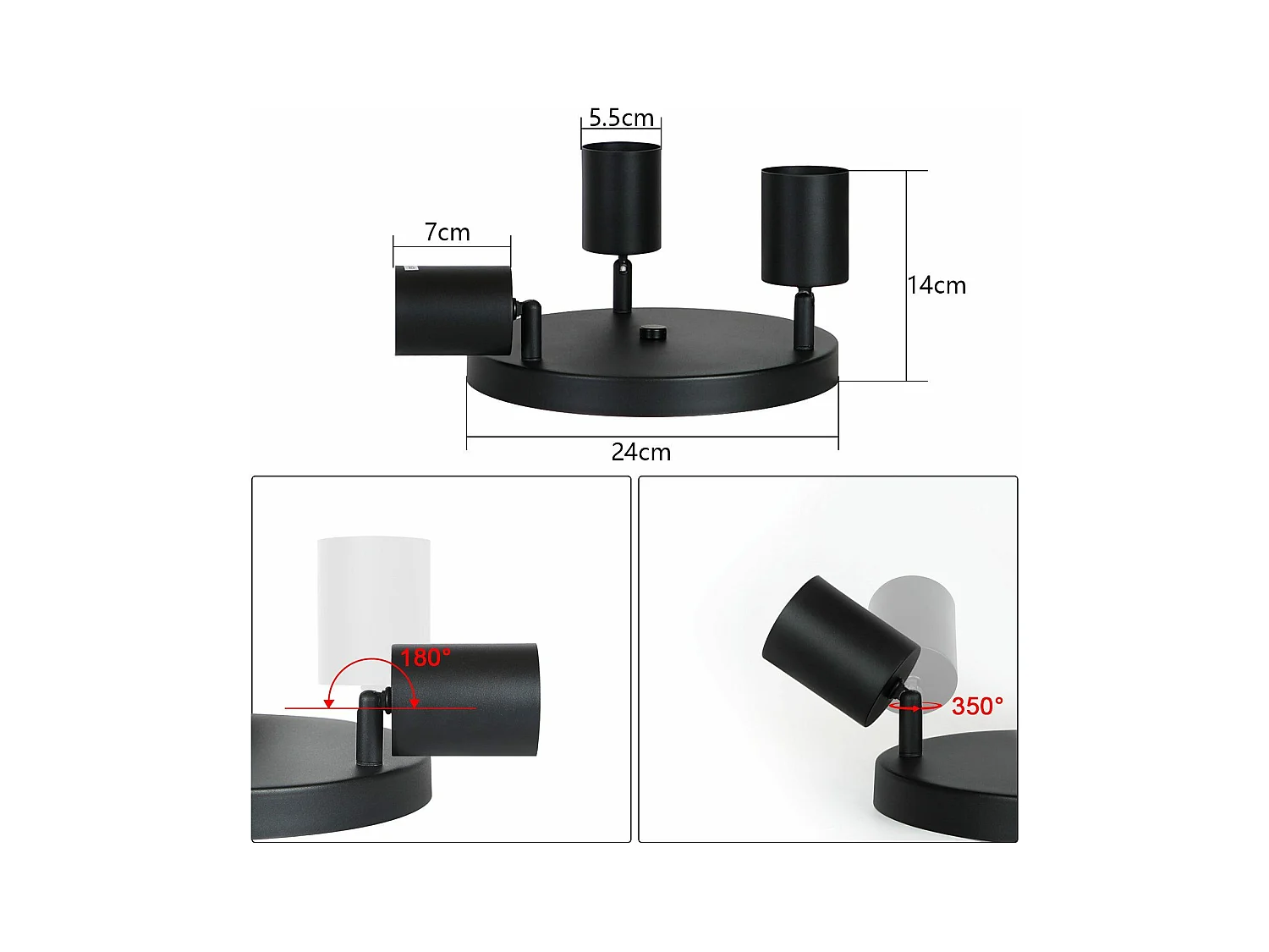 NETTLIFE 3 Spots E14 Pivotant 350° Max.25 W Plafonnier noir Plafonnier vintage en tissu moderne pour salon, chambre à coucher, cuisine, couloir