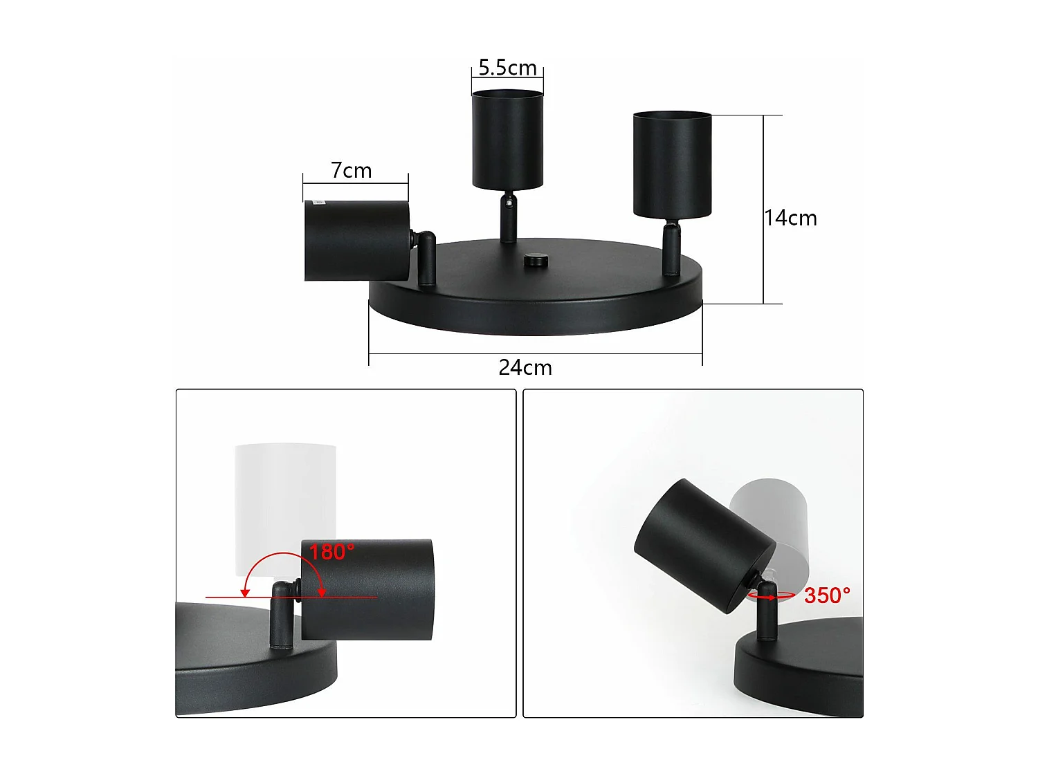 NETTLIFE 3 Spots E14 Pivotant 350° Max.25 W Plafonnier noir Plafonnier vintage en tissu moderne pour salon, chambre à coucher, cuisine, couloir