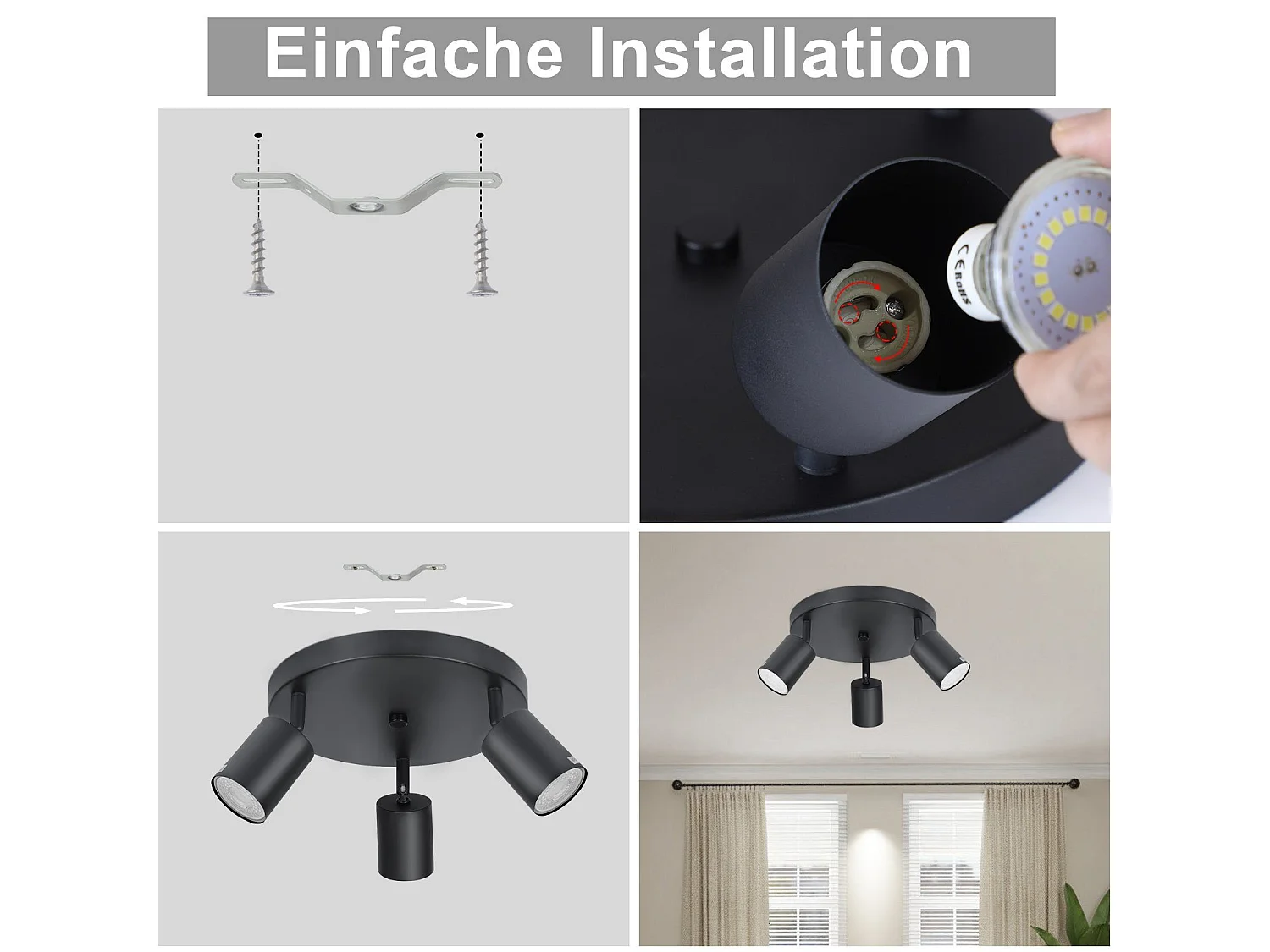 NETTLIFE 3 Spots E14 Pivotant 350° Max.25 W Plafonnier noir Plafonnier vintage en tissu moderne pour salon, chambre à coucher, cuisine, couloir