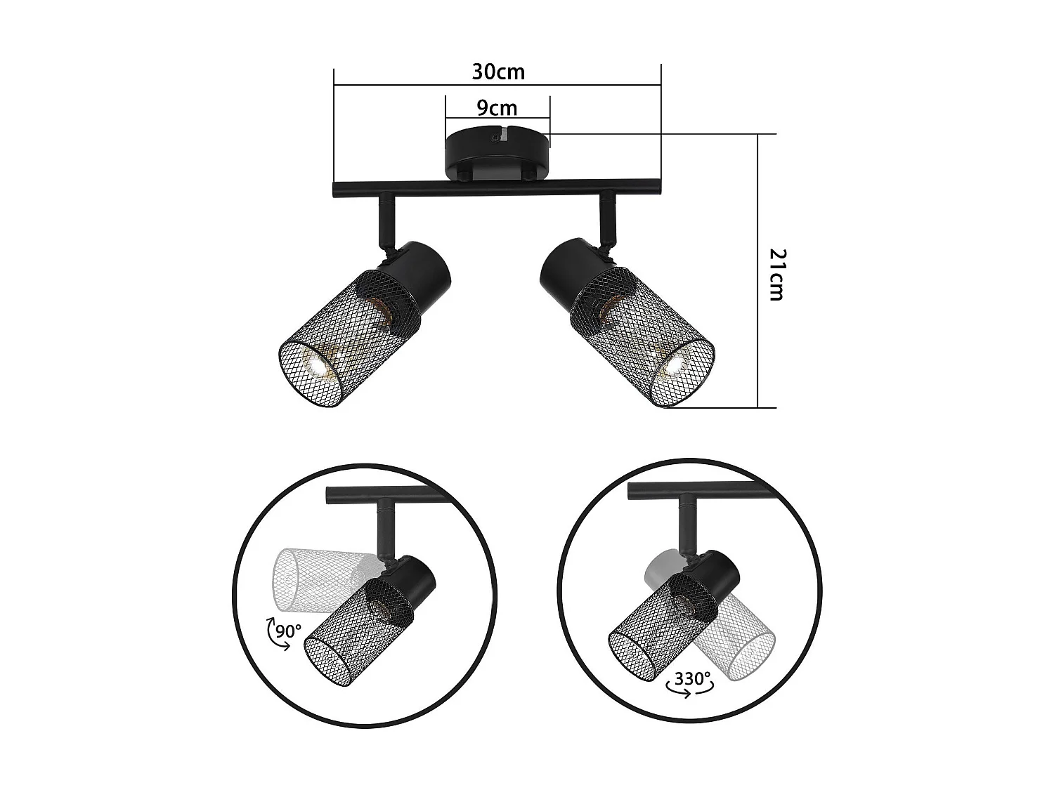 NETTLIFE Plafonnier 2 spots métal noir industriel orientable 330°E27 LED pour couloir couloir salon chambre salle à manger porte d'entrée sans ampoule