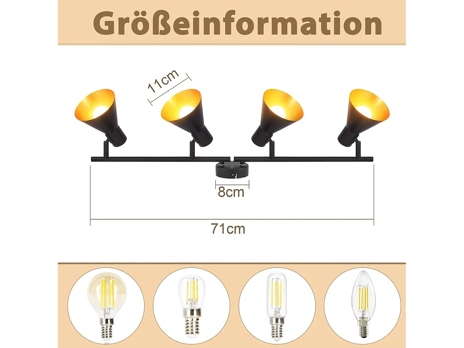 NETTLIFE 4 Spots Deckenleuchte Wohnzimmer Schwarz Vintage 71CM E14 Metall 330° Schwenkbar Industriell für Schlafzimmer Küche Flur