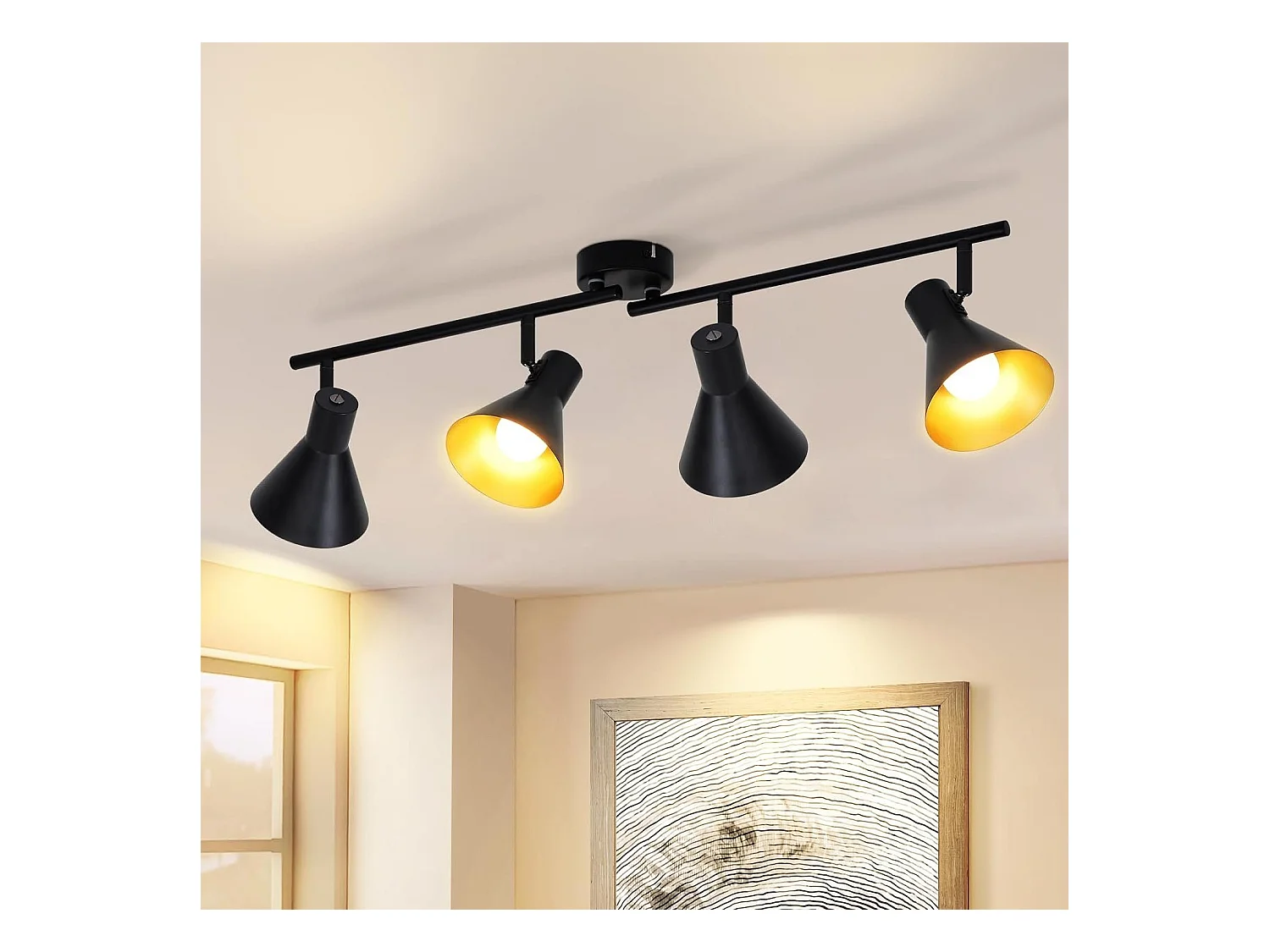 NETTLIFE 4 Spots Plafonnier Salon Noir Vintage 71CM E14 Métal Pivotant à 350°Industriel pour Chambre Cuisine Couloir