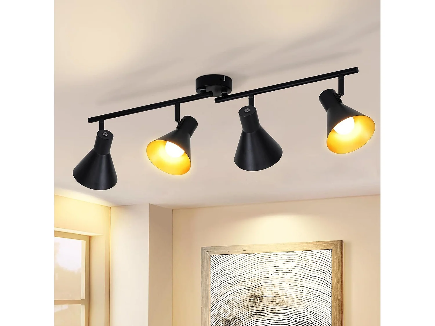 NETTLIFE 4 Spots Plafonnier Salon Noir Vintage 71CM E14 Métal Pivotant à 350°Industriel pour Chambre Cuisine Couloir