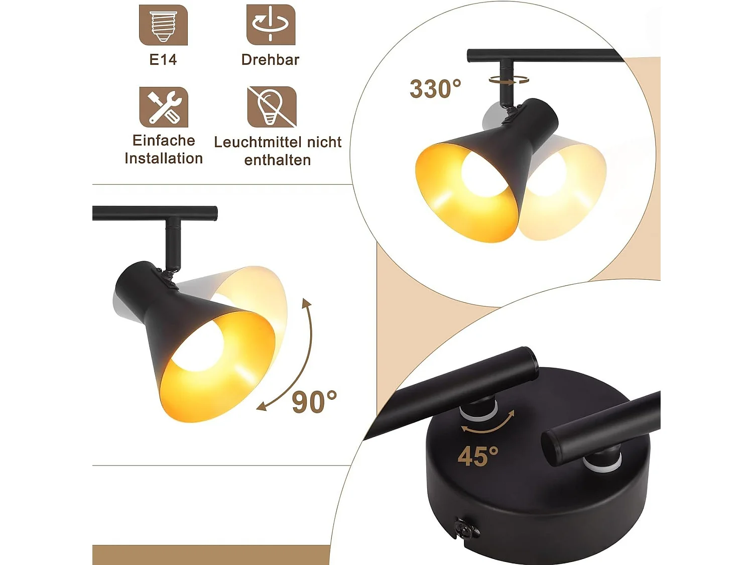 NETTLIFE 4 Spots Plafonnier Salon Noir Vintage 71CM E14 Métal Pivotant à 350°Industriel pour Chambre Cuisine Couloir