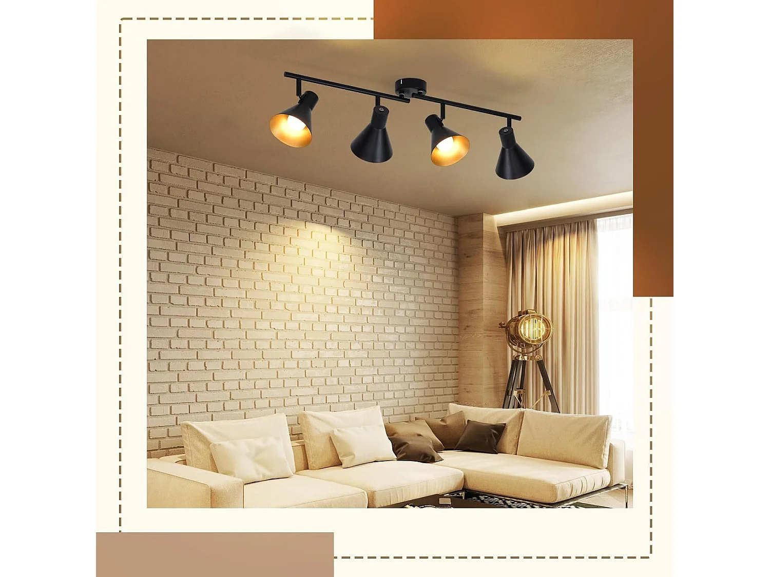 NETTLIFE 4 Spots Plafonnier Salon Noir Vintage 71CM E14 Métal Pivotant à 350°Industriel pour Chambre Cuisine Couloir