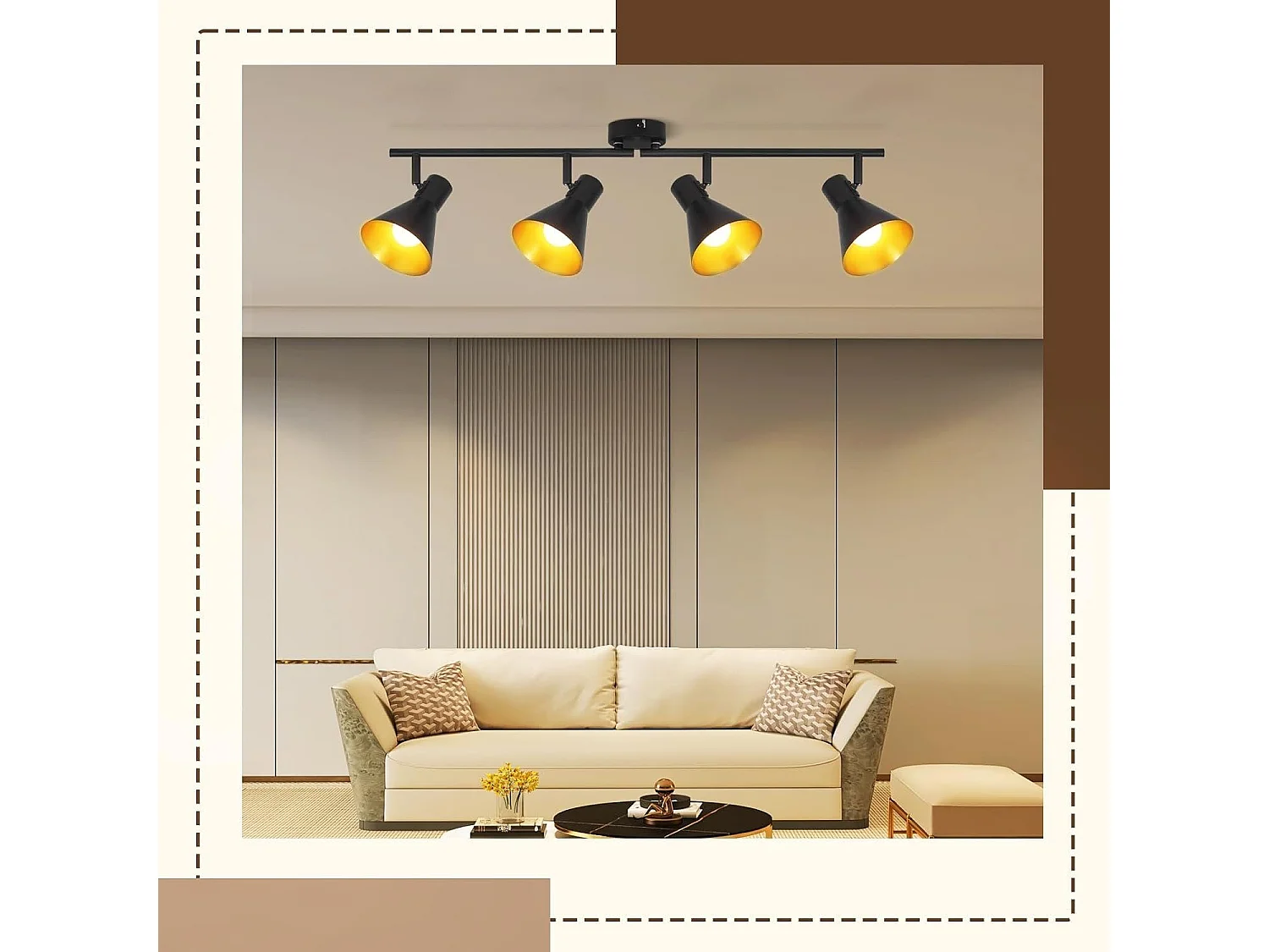 NETTLIFE 4 Spots Plafonnier Salon Noir Vintage 71CM E14 Métal Pivotant à 350°Industriel pour Chambre Cuisine Couloir