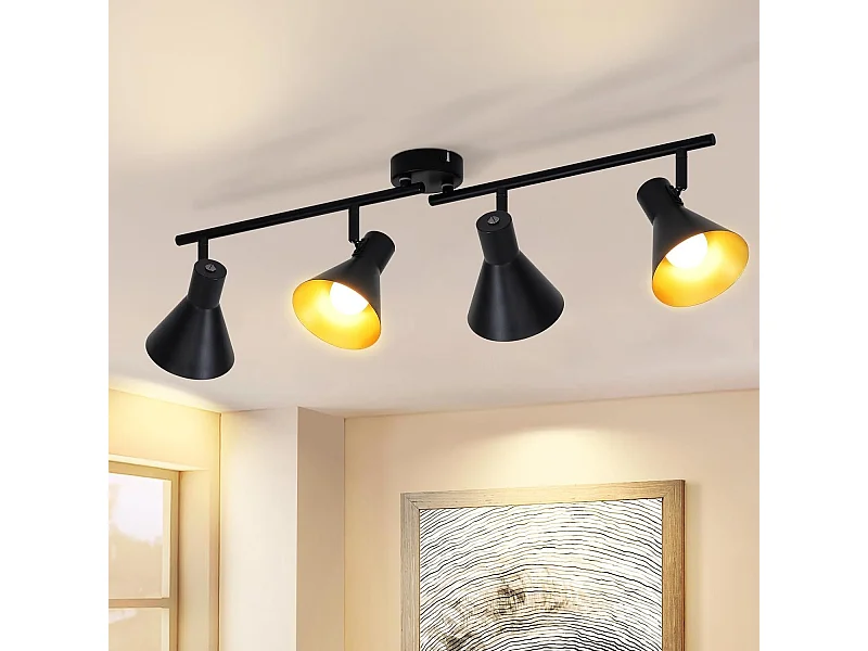 NETTLIFE 4 Spots Plafonnier Salon Noir Vintage 71CM E14 Métal Pivotant à 350°Industriel pour Chambre Cuisine Couloir