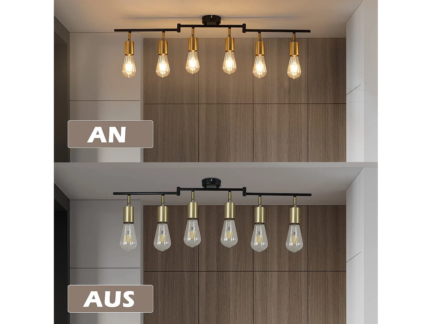 NETTLIFE Opbouwspot 6-lichts zwart goud E27 Fitting draaibar Plafondspot Vintage Keukenlamp Max. 25W Metaal voor Slaapkamer Hal Woonkamer Zonder Lichtborn L 94.5cm