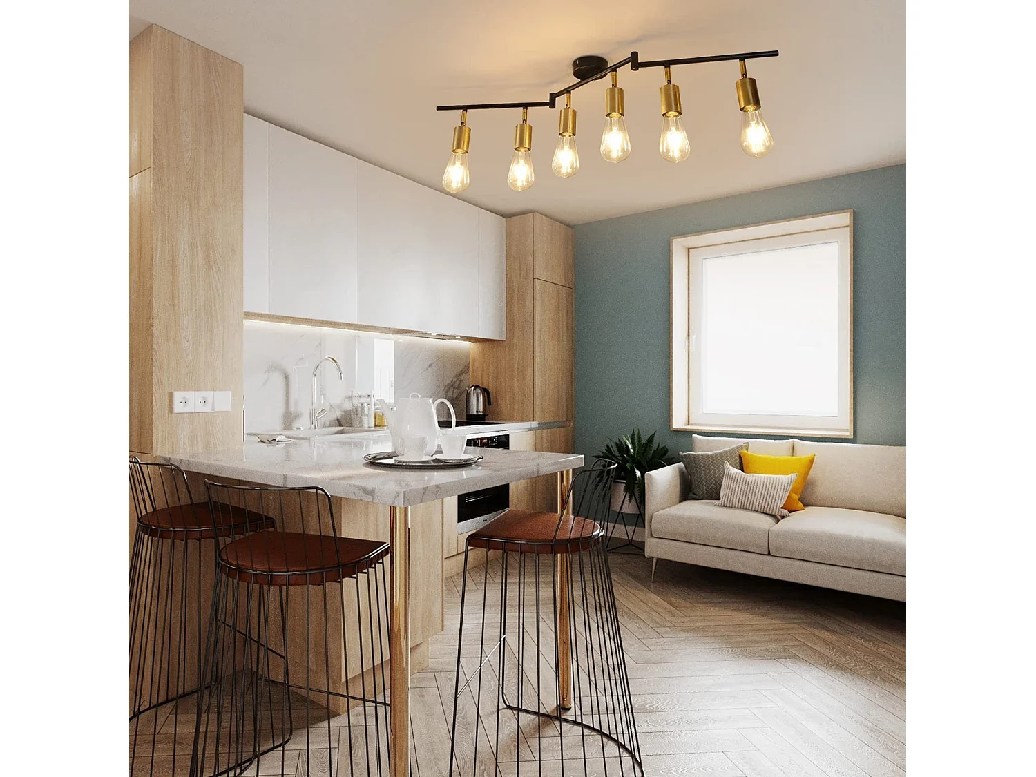 NETTLIFE Opbouwspot 6-lichts zwart goud E27 Fitting draaibar Plafondspot Vintage Keukenlamp Max. 25W Metaal voor Slaapkamer Hal Woonkamer Zonder Lichtborn L 94.5cm