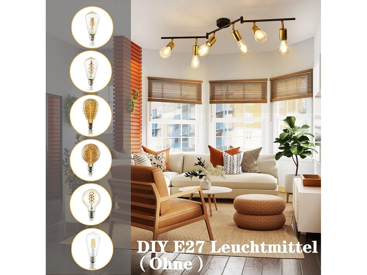 NETTLIFE Opbouwspot 6-lichts zwart goud E27 Fitting draaibar Plafondspot Vintage Keukenlamp Max. 25W Metaal voor Slaapkamer Hal Woonkamer Zonder Lichtborn L 94.5cm