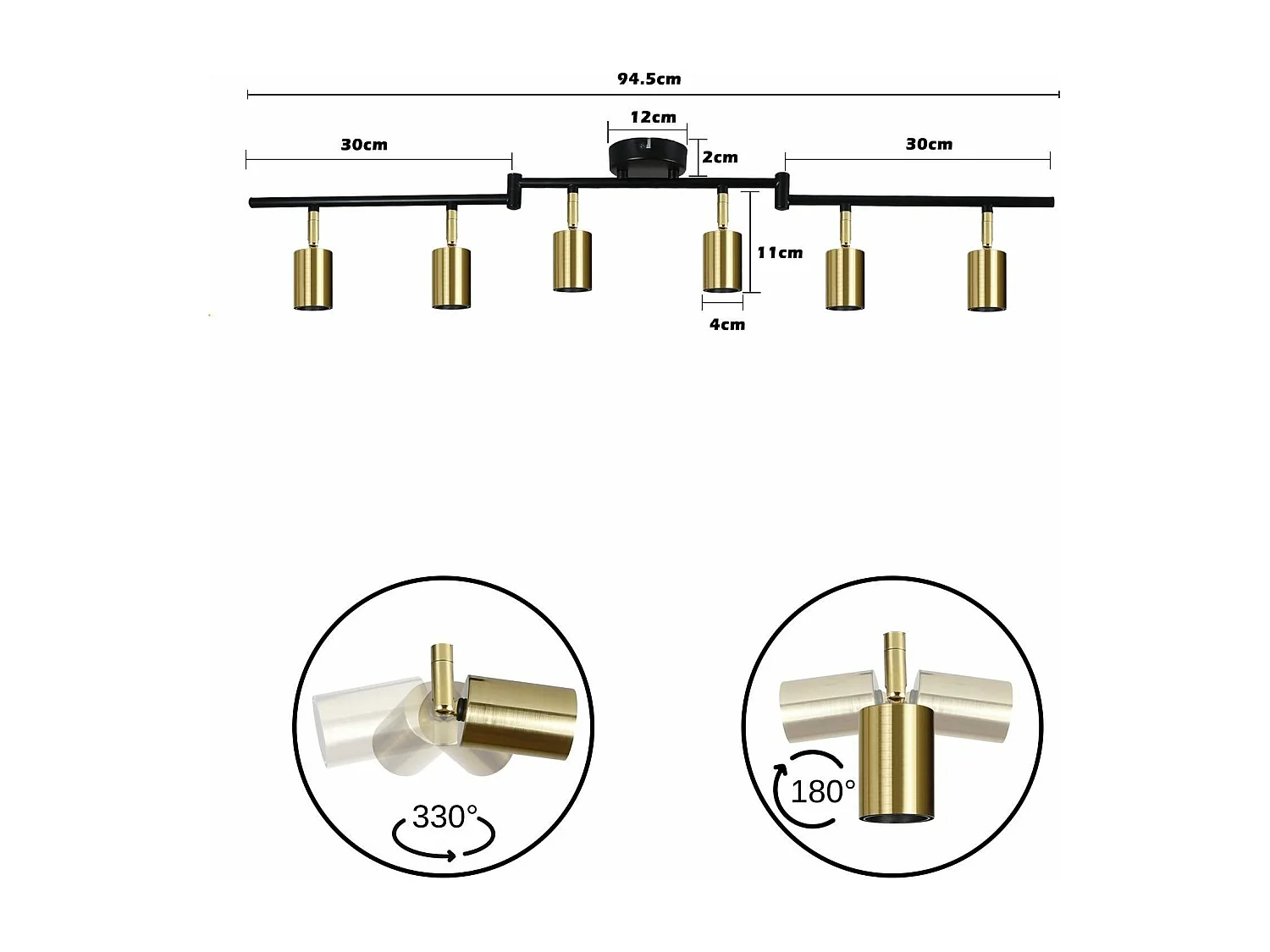 NETTLIFE Opbouwspot 6-lichts zwart goud E27 Fitting draaibar Plafondspot Vintage Keukenlamp Max. 25W Metaal voor Slaapkamer Hal Woonkamer Zonder Lichtborn L 94.5cm