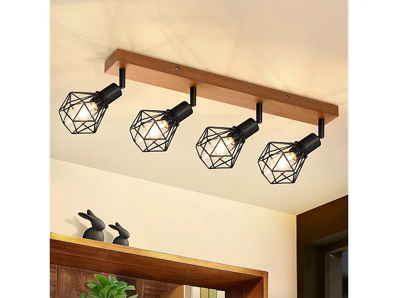 NETTLIFE 4 zwarte plafondlampen E14 vintage hout metaal, 350° dimbaar plafondlamp voor binnen slaapkamer woonkamer keuken max. 25W