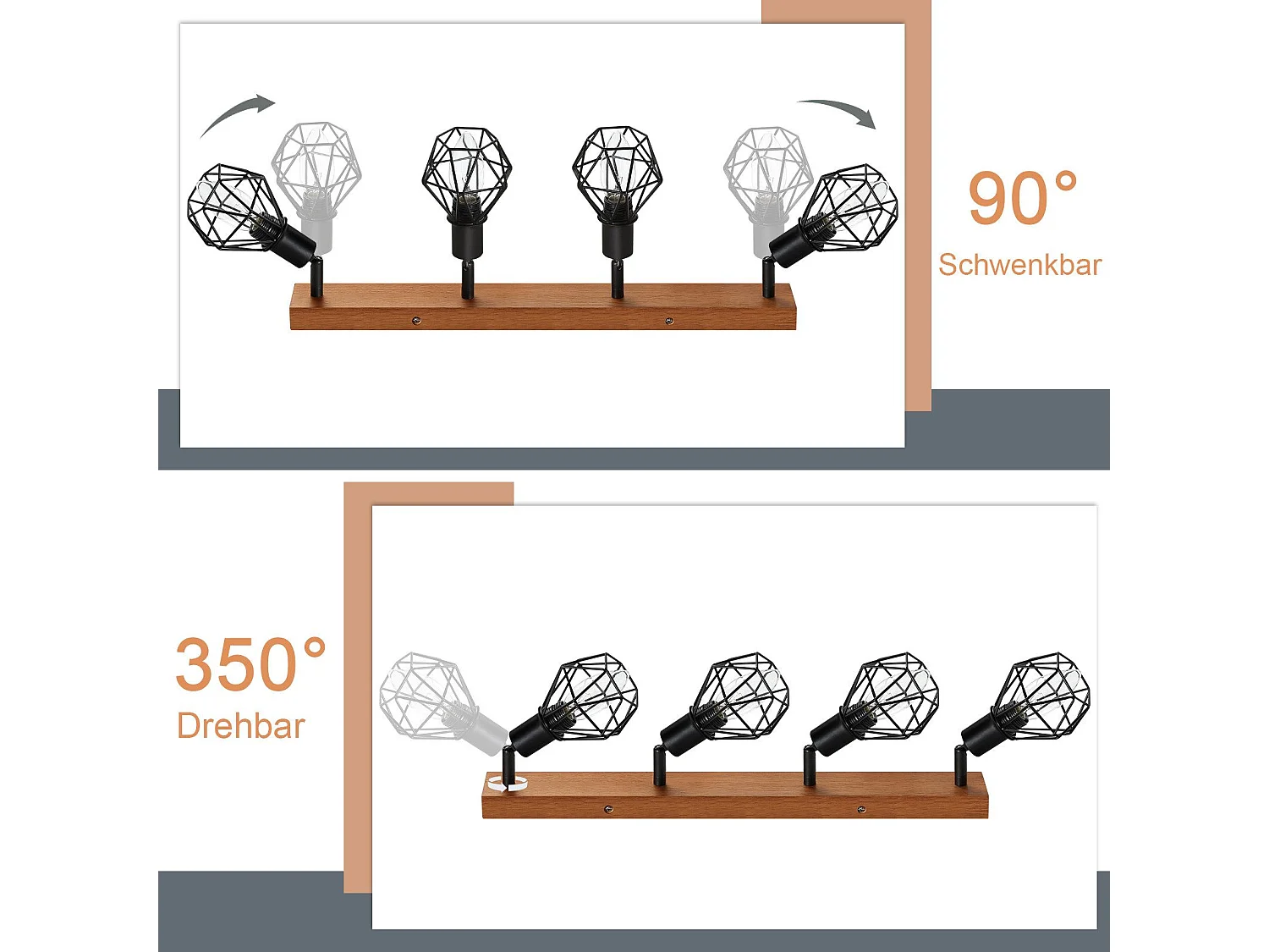 NETTLIFE 4 czarne reflektory sufitowe E14 vintage drewno metal, lampa sufitowa z regulacją 350° do wnętrz sypialnia salon jadalnia kuchnia maks. 25W