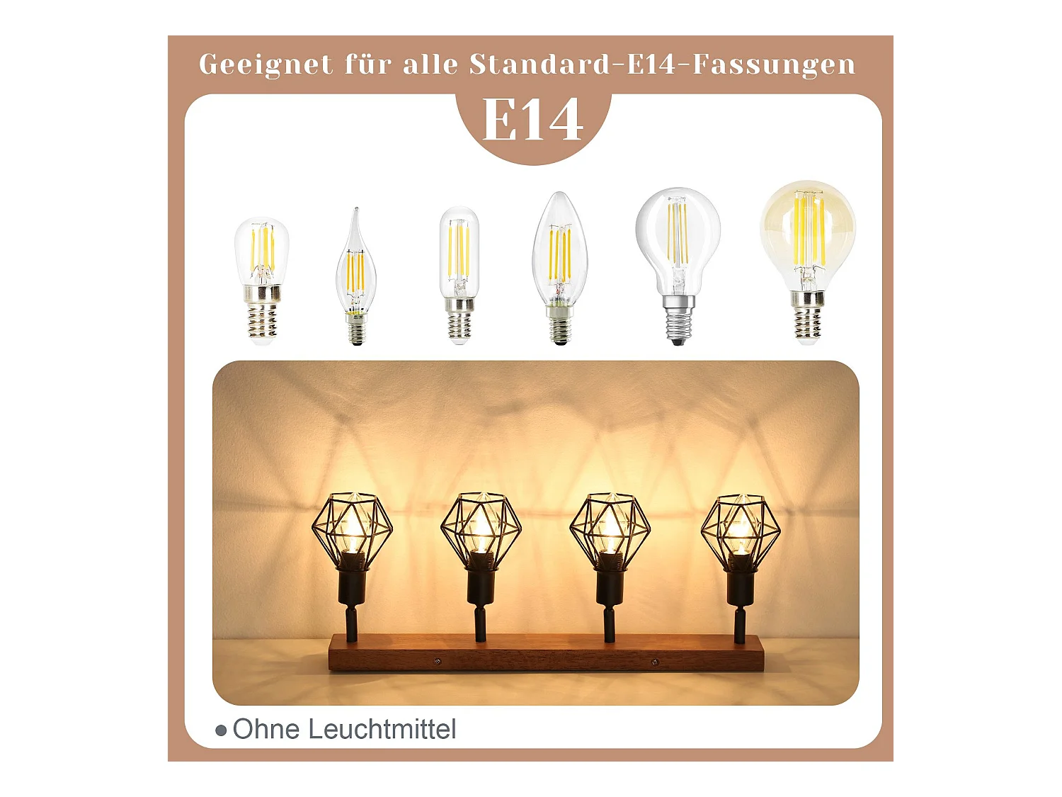 NETTLIFE 4 czarne reflektory sufitowe E14 vintage drewno metal, lampa sufitowa z regulacją 350° do wnętrz sypialnia salon jadalnia kuchnia maks. 25W