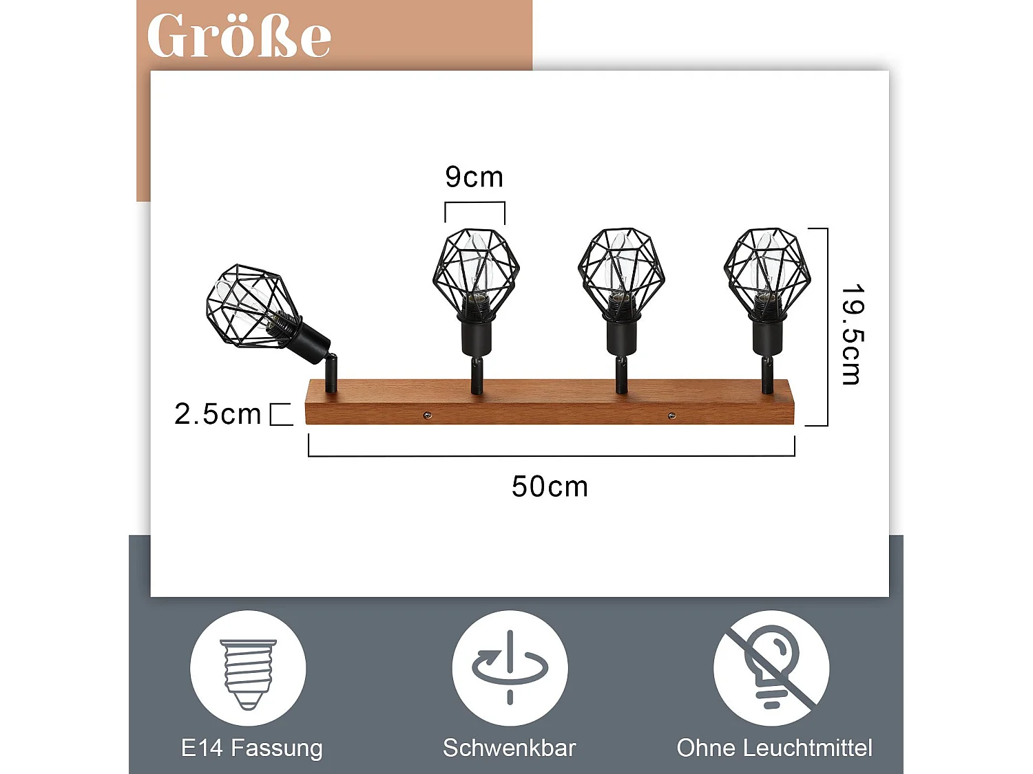 NETTLIFE 4 czarne reflektory sufitowe E14 vintage drewno metal, lampa sufitowa z regulacją 350° do wnętrz sypialnia salon jadalnia kuchnia maks. 25W