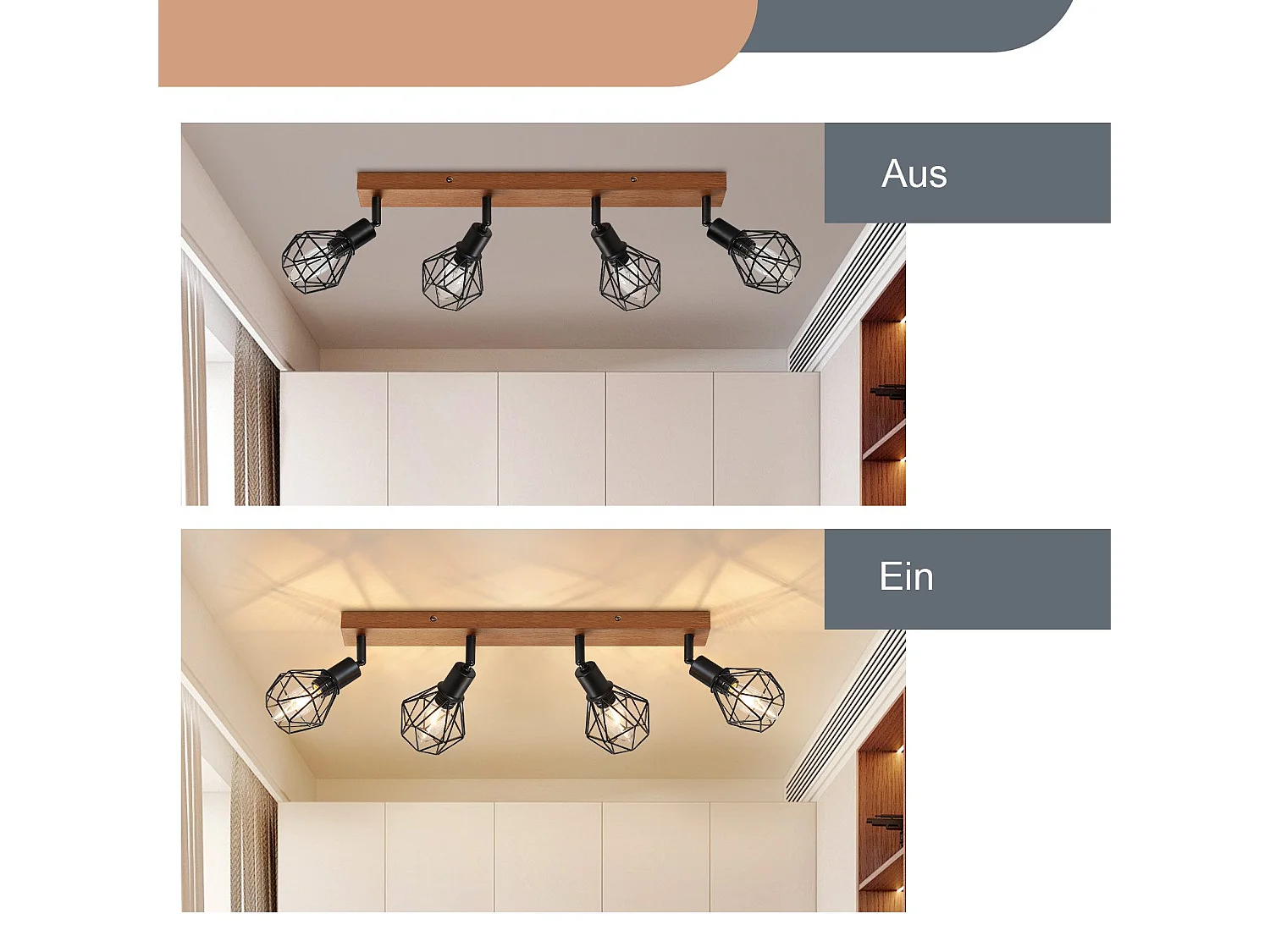 NETTLIFE 4 czarne reflektory sufitowe E14 vintage drewno metal, lampa sufitowa z regulacją 350° do wnętrz sypialnia salon jadalnia kuchnia maks. 25W