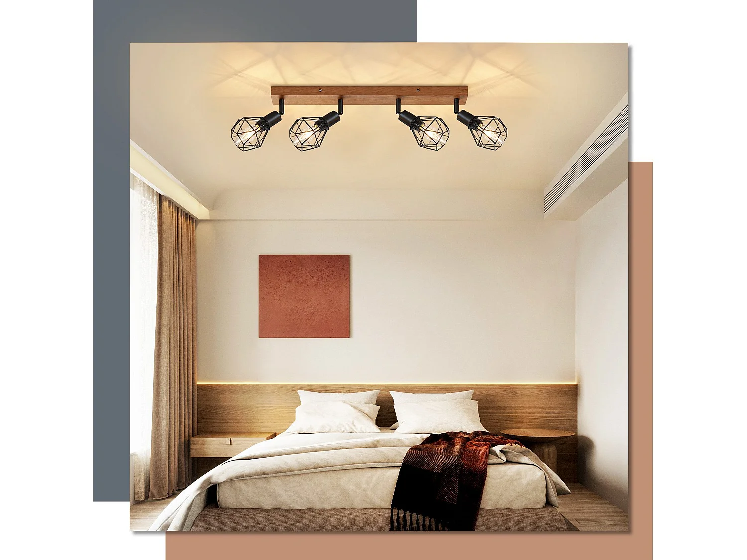 NETTLIFE 4 czarne reflektory sufitowe E14 vintage drewno metal, lampa sufitowa z regulacją 350° do wnętrz sypialnia salon jadalnia kuchnia maks. 25W